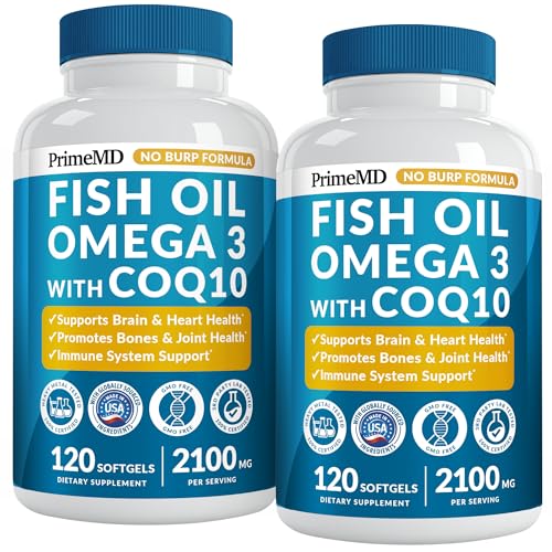 5-in-1 Fish Oil Omega 3 Fatty Supplements (2100mg) - Omega 3 Fish Oil with Vitamins D3 K2 and CoQ10 - Lemon Flavored (120 softgels)