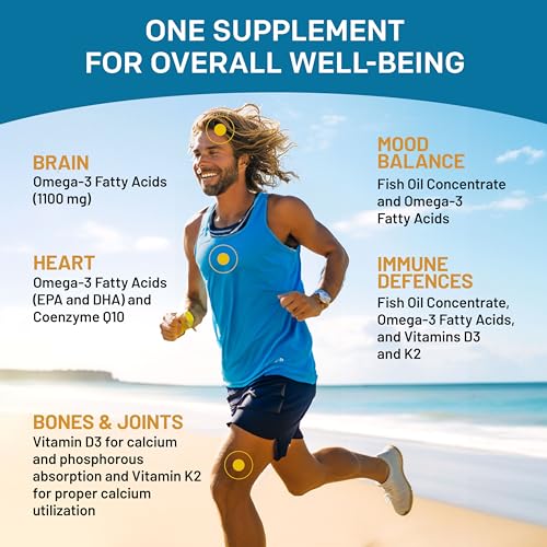 5-in-1 Fish Oil Omega 3 Fatty Supplements (2100mg) - Omega 3 Fish Oil with Vitamins D3 K2 and CoQ10 - Lemon Flavored (120 softgels)