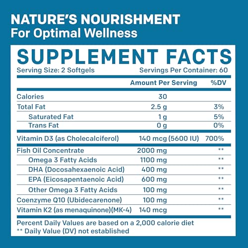 5-in-1 Fish Oil Omega 3 Fatty Supplements (2100mg) - Omega 3 Fish Oil with Vitamins D3 K2 and CoQ10 - Lemon Flavored (120 softgels)