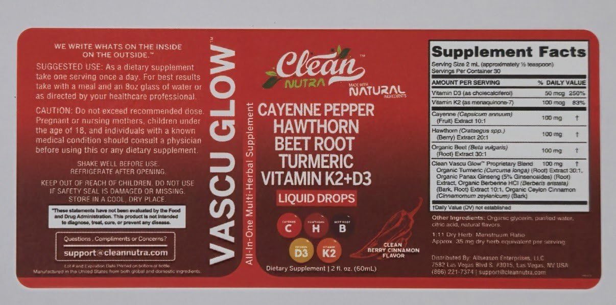 Clean Nutra Cayenne Pepper Drops Supplement Liquid + Hawthorn Berry, Vitamin D3 K2 Beet Root Powder, Ceylon Cinnamon, Turmeric Curcumin, Organic Panax Ginseng, Berberine Extract 1 Pack