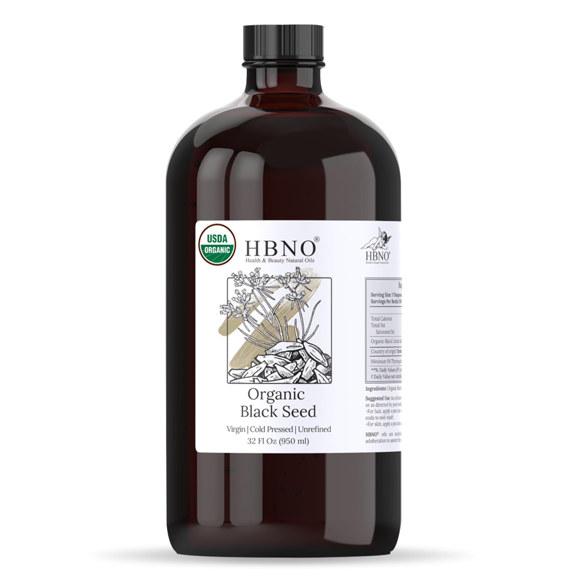 HBNO Organic Black Seed Oil 4 fl oz (120ml) - USDA Certified Organic Black Seed Oil Organic Cold Pressed - Natural Black Cumin Seed Oil Organic