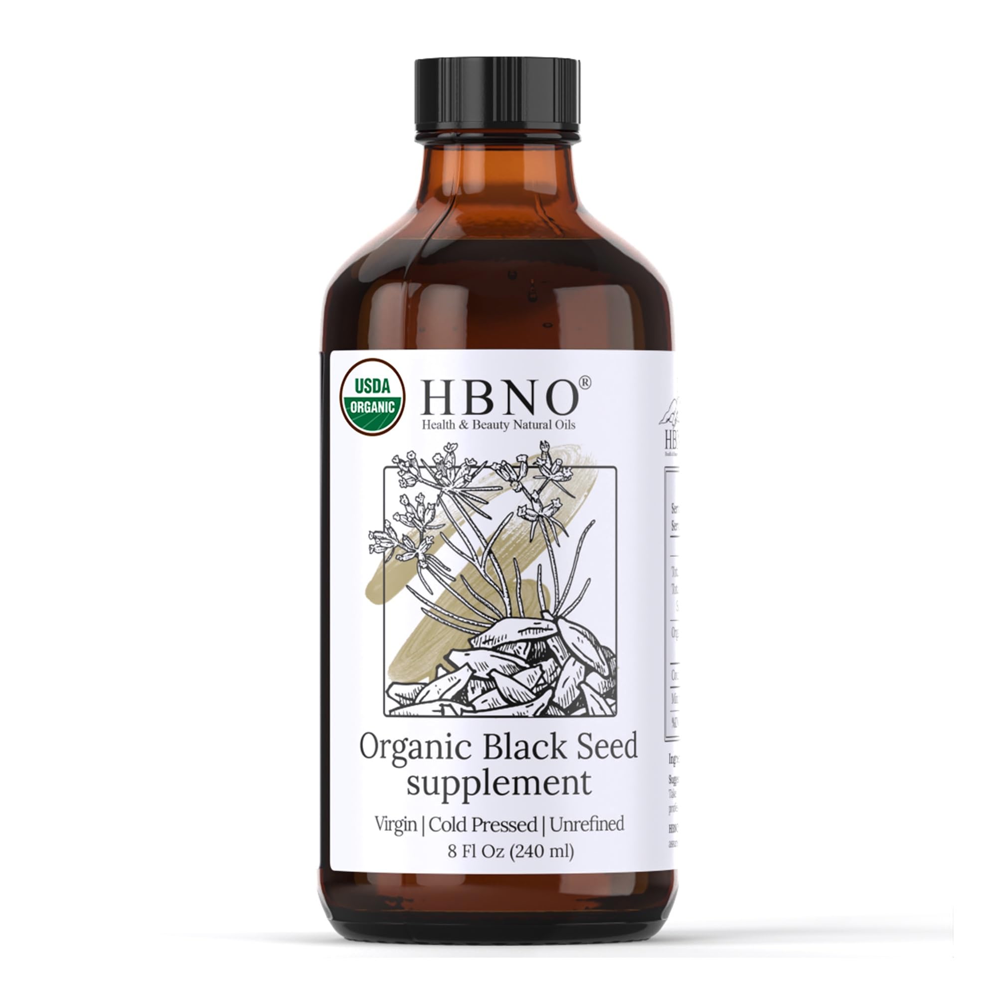 HBNO Organic Black Seed Oil 4 fl oz (120ml) - USDA Certified Organic Black Seed Oil Organic Cold Pressed - Natural Black Cumin Seed Oil Organic