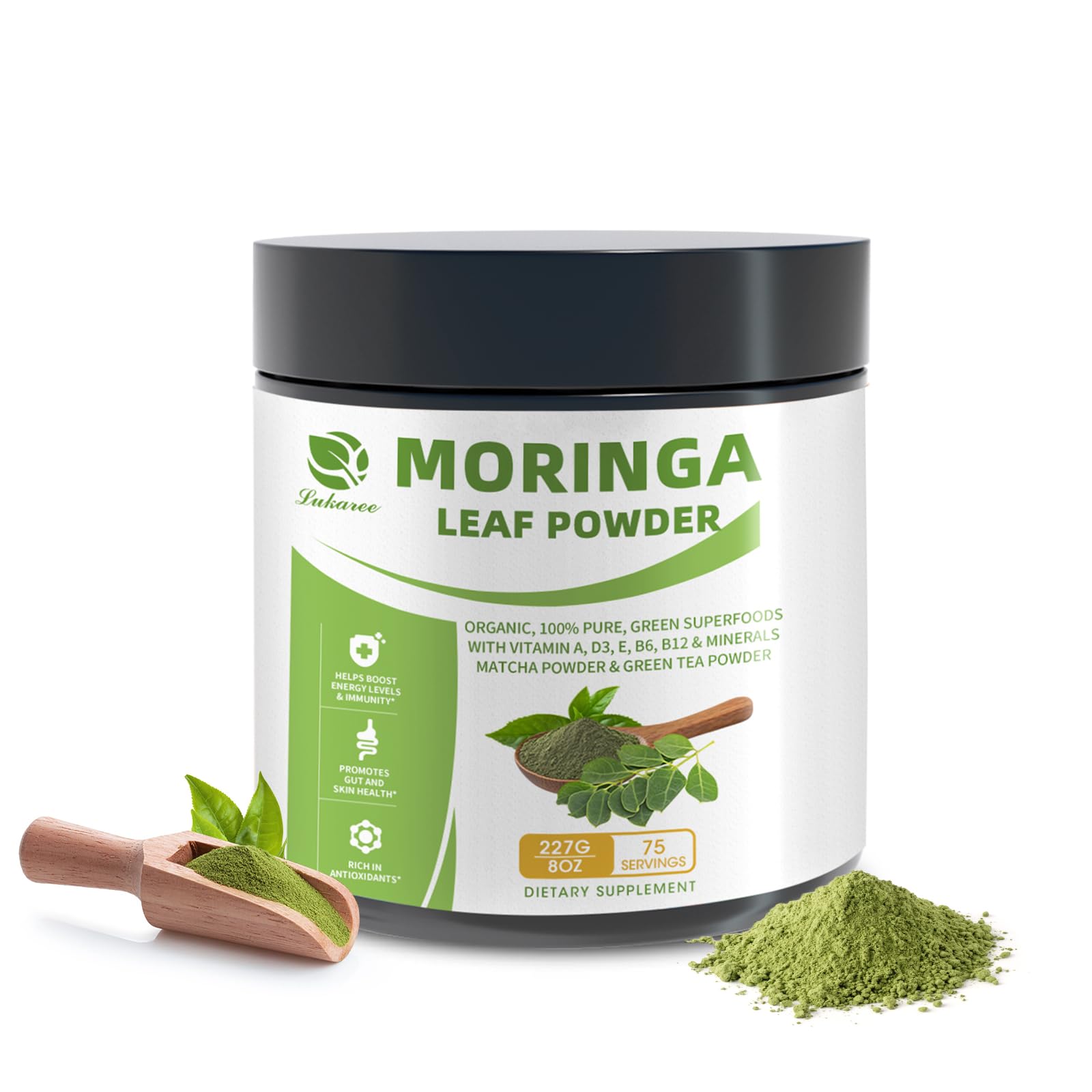 Organic Moringa Powder, Green Superfoods with Matcha Powder Green Tea Powder Resveratrol - Rich in Antioxidants and Vitamin A D3 E B6 B12, Digestive and Immune Support - Non-GMO, Vegan, 8 oz, 1 Pack