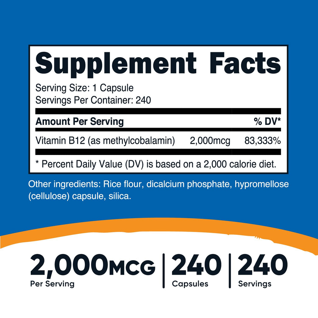 Nutricost Vitamin B12 (Methylcobalamin) 2000mcg, 120 Capsules - Vegetarian Caps, Non-GMO, Gluten Free B12 Supplement