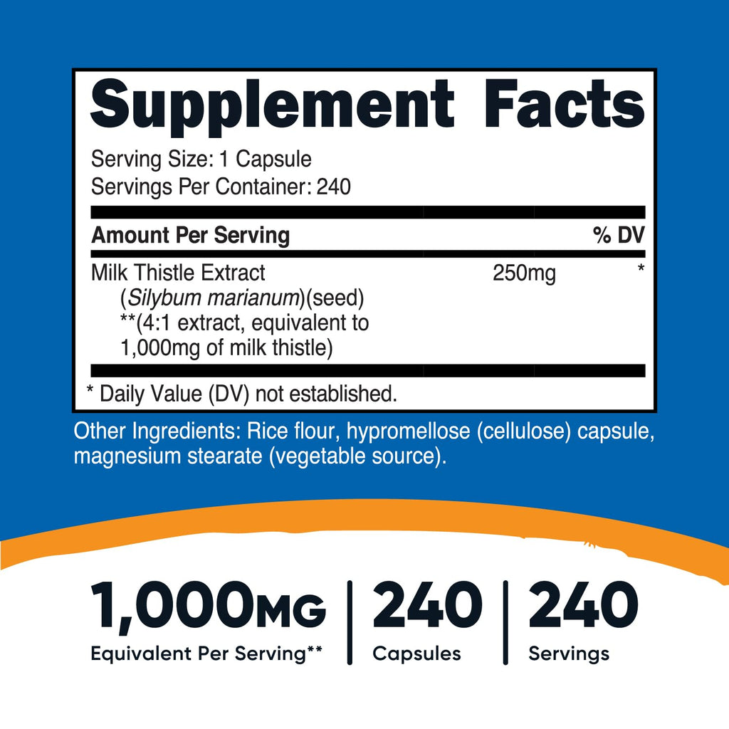 Nutricost Milk Thistle 1,000mg Equivalent, 240 Capsules - 250mg of 4:1 Extract - Vegan, Non-GMO and Gluten Free