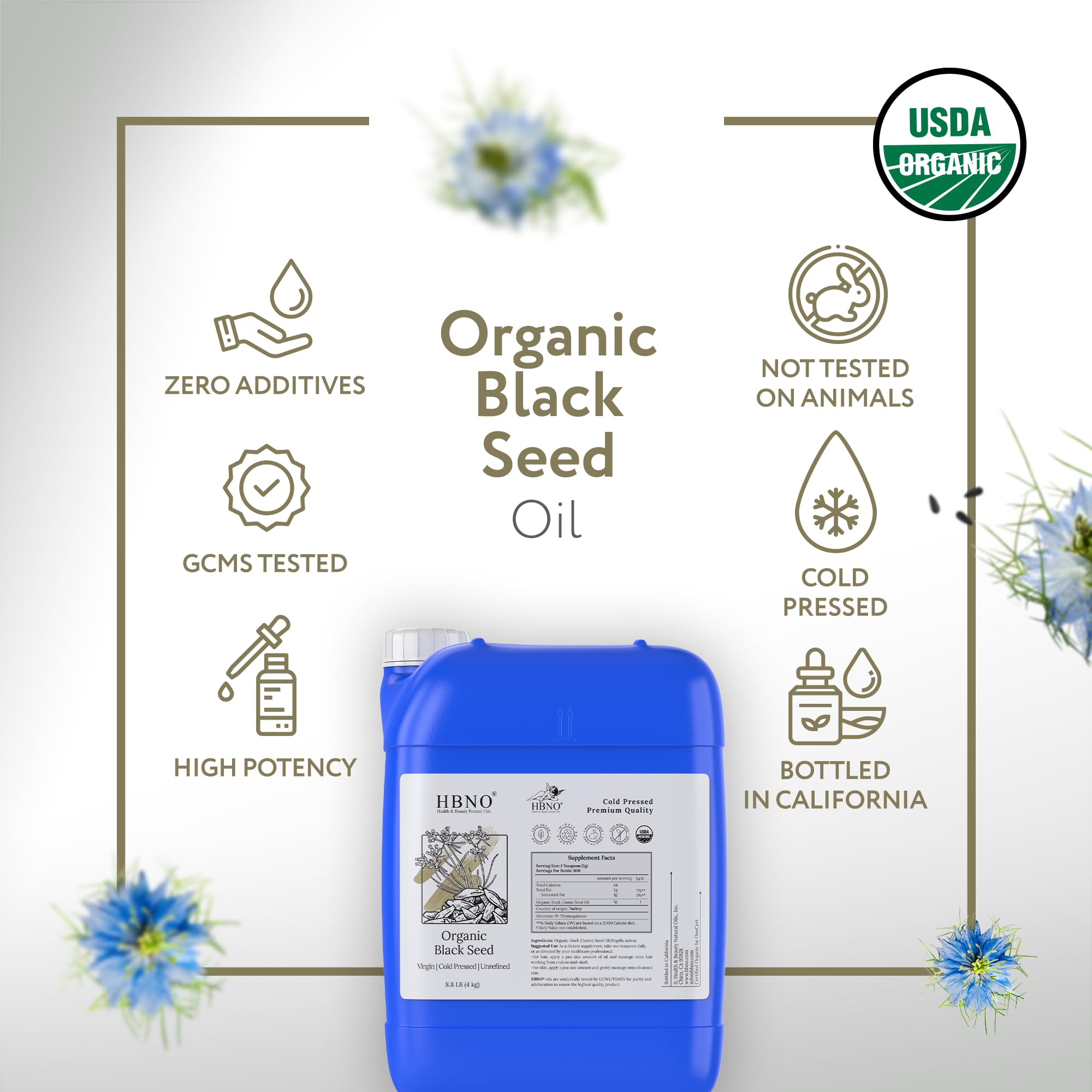 HBNO Organic Black Seed Oil 4 fl oz (120ml) - USDA Certified Organic Black Seed Oil Organic Cold Pressed - Natural Black Cumin Seed Oil Organic