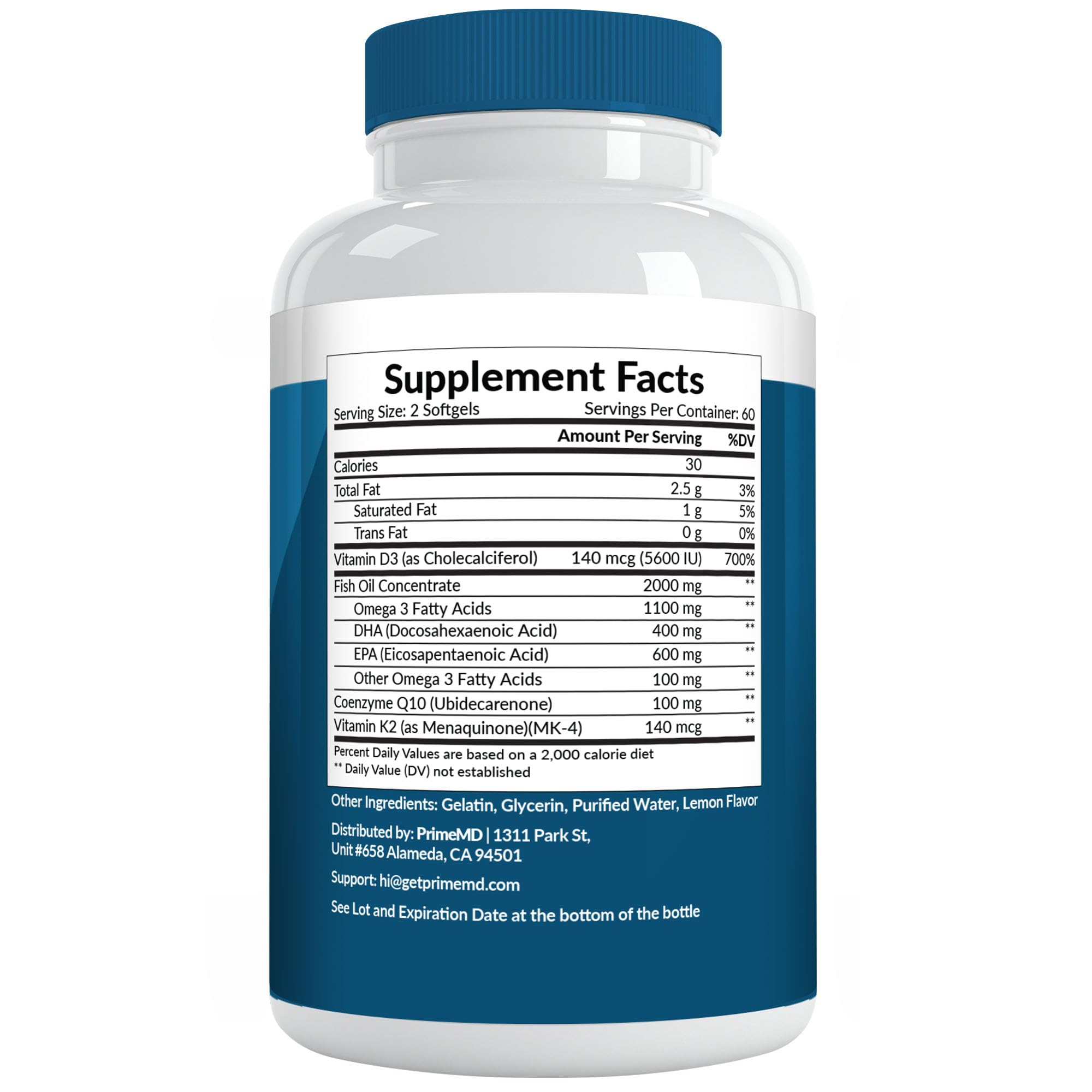 5-in-1 Fish Oil Omega 3 Fatty Supplements (2100mg) - Omega 3 Fish Oil with Vitamins D3 K2 and CoQ10 - Lemon Flavored (120 softgels)