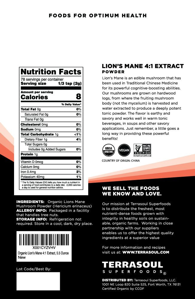 Terrasoul Superfoods Organic Lion's Mane Mushroom Powder (4:1 Extract), 5.5 Ounces