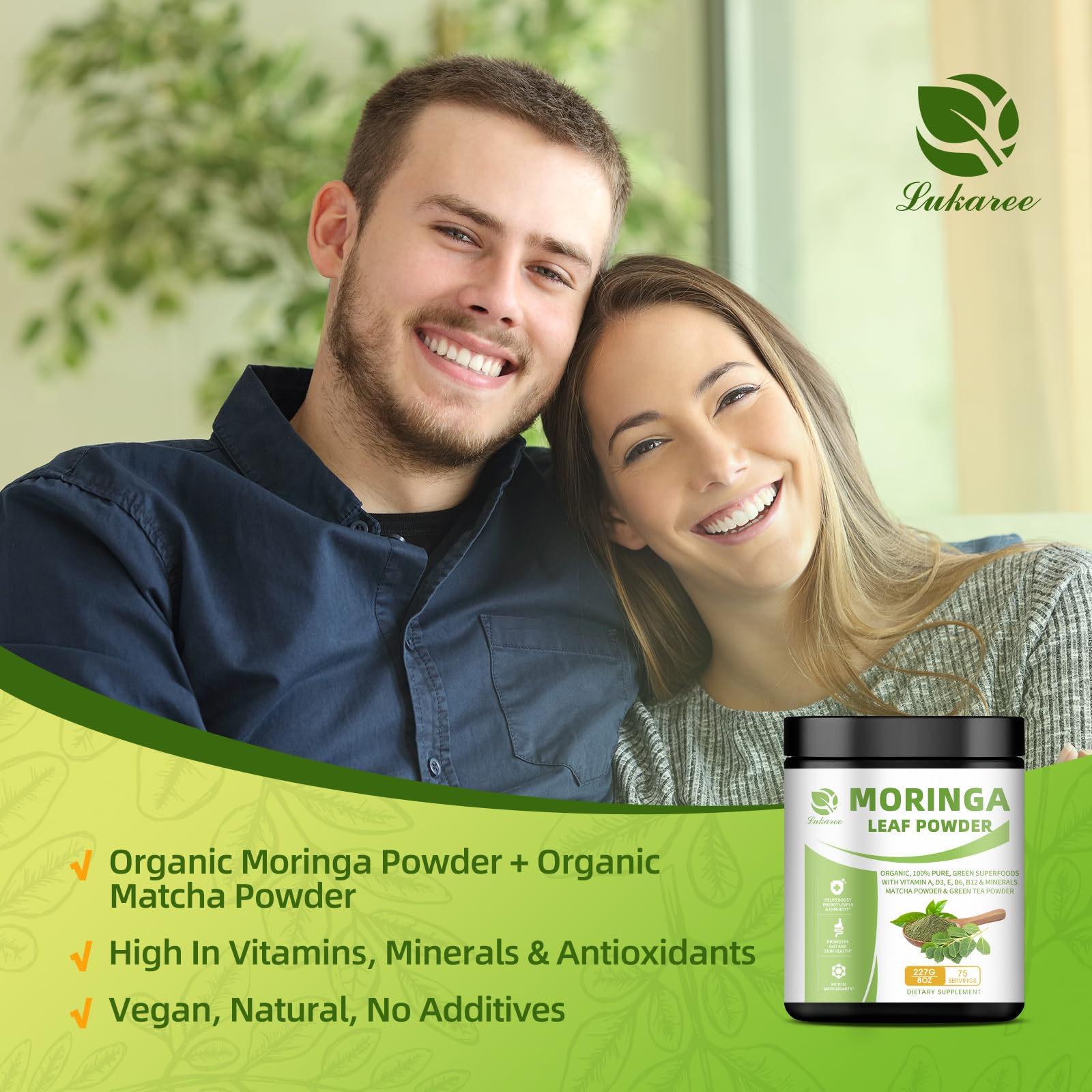 Organic Moringa Powder, Green Superfoods with Matcha Powder Green Tea Powder Resveratrol - Rich in Antioxidants and Vitamin A D3 E B6 B12, Digestive and Immune Support - Non-GMO, Vegan, 8 oz, 1 Pack