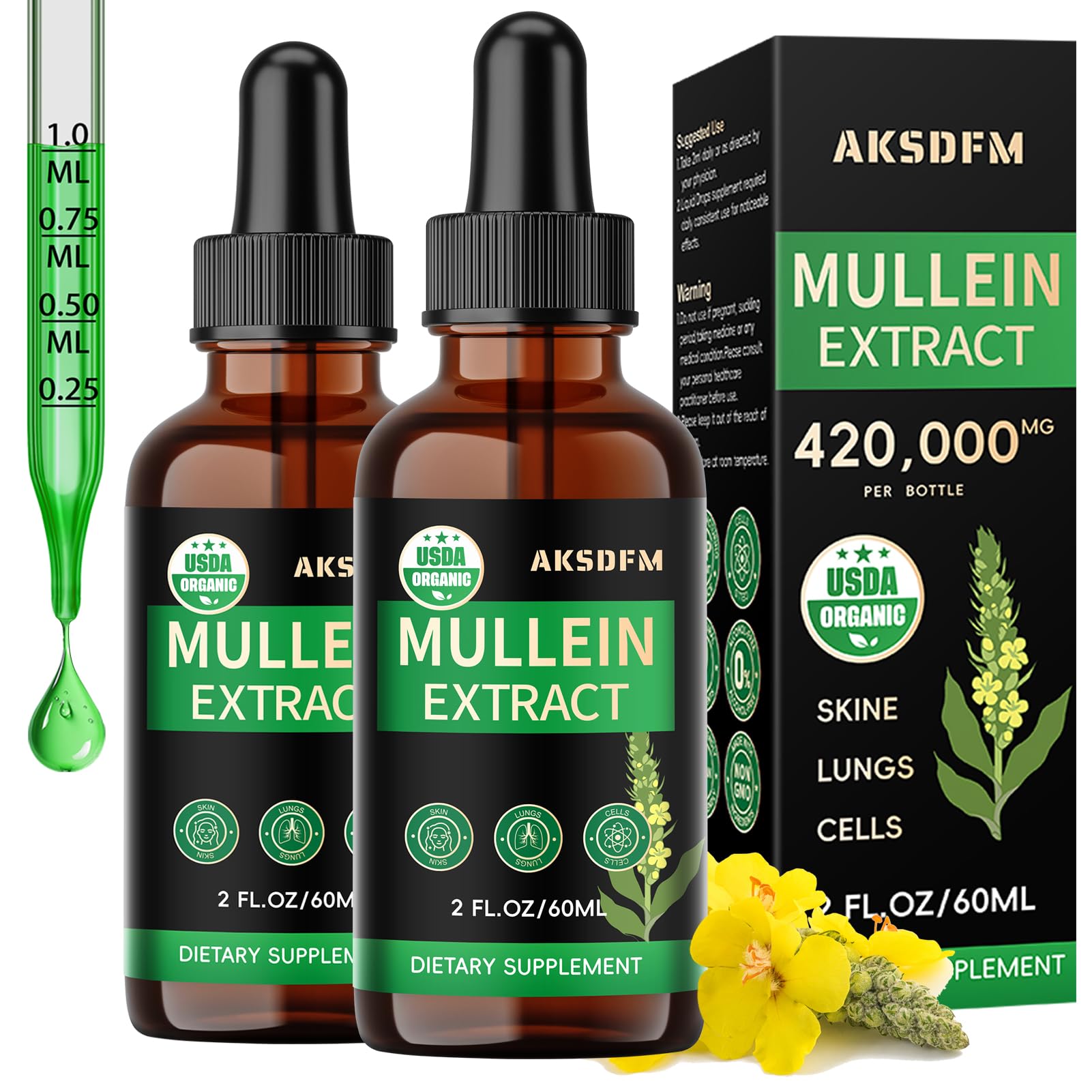 Mullein Drops for Lung Cleanse - Powerful Mullein for Detox Respiratory Support - Natural Supplement Non-GMO, No Additives- Herbal Supplements - 2 Oz