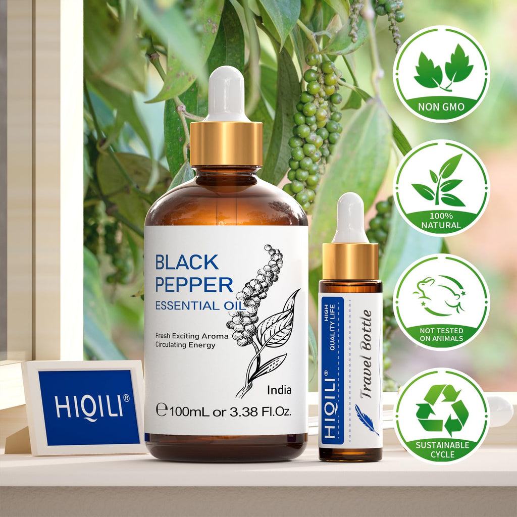 HIQILI Black Pepper Essential Oil for Aromatherapy & Diffuser - Natural Spicy & Warming Scent - Therapeutic Grade - 3.38 Fl Oz