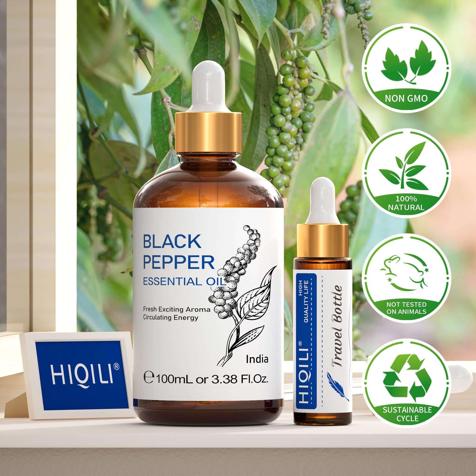 HIQILI Black Pepper Essential Oil for Aromatherapy & Diffuser - Natural Spicy & Warming Scent - Therapeutic Grade - 3.38 Fl Oz