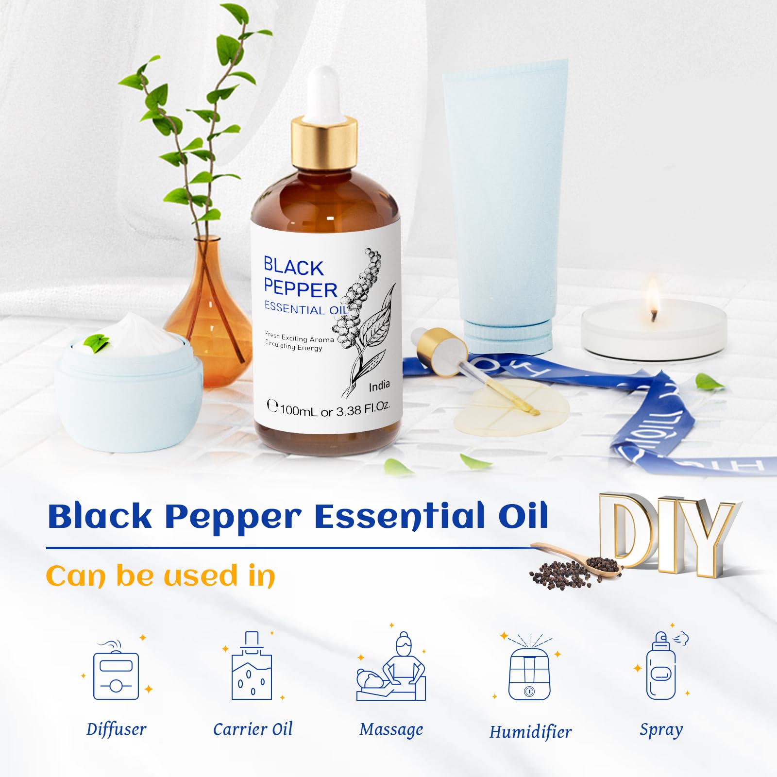 HIQILI Black Pepper Essential Oil for Aromatherapy & Diffuser - Natural Spicy & Warming Scent - Therapeutic Grade - 3.38 Fl Oz