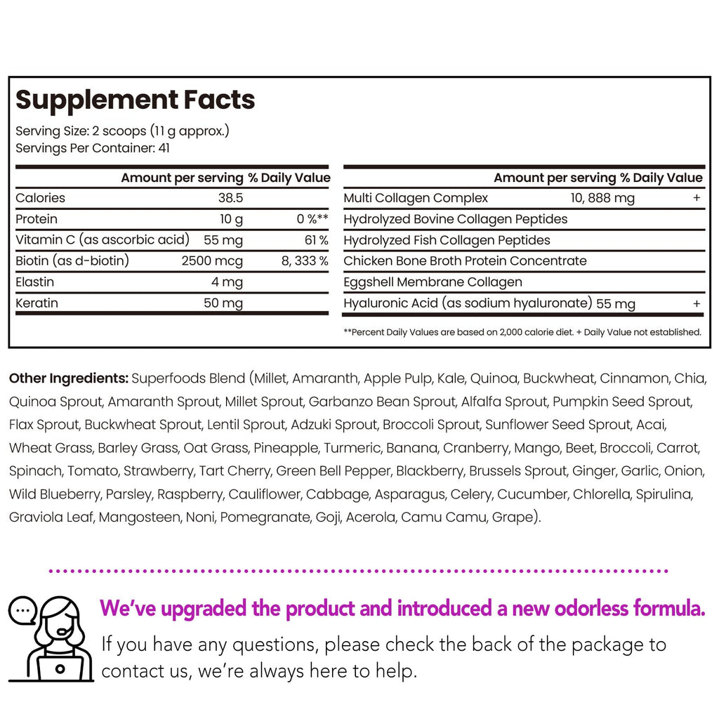 VEV Multi Collagen Peptides Powder, 1 lb – Type I, II, III, V, X, Hydrolyzed Collagen, Hyaluronic Acid Power, Biotin, Vitamin C, Supports Skin, Unflavored, Dissolves Easily