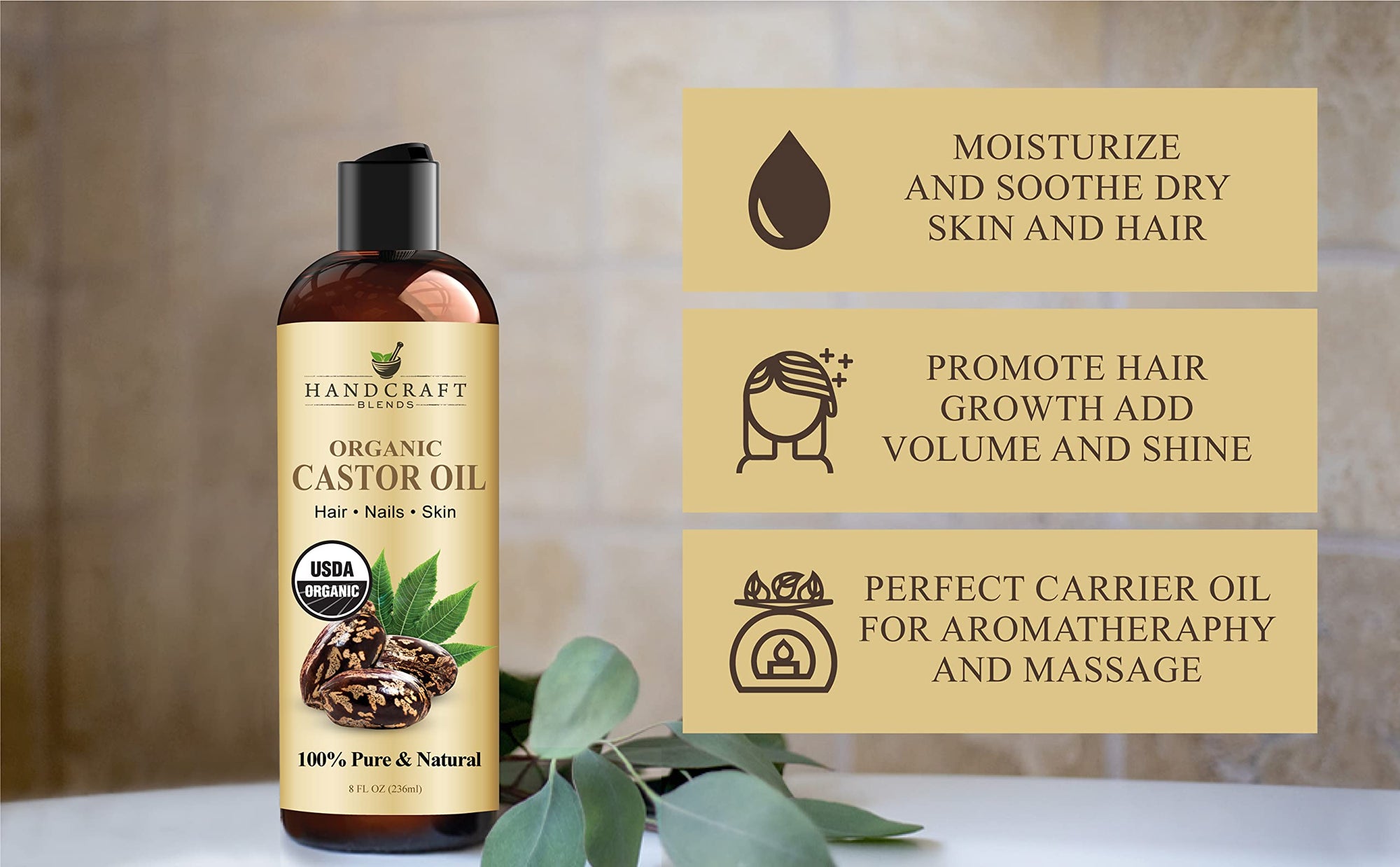 Handcraft Blends Organic Castor Oil - 16 Fl Oz - 100% Pure and Natural - Premium Grade Carrier Oil for Hair Growth, Eyelashes and Eyebrows - Hair and Body - Expeller-Pressed & Hexane-Free