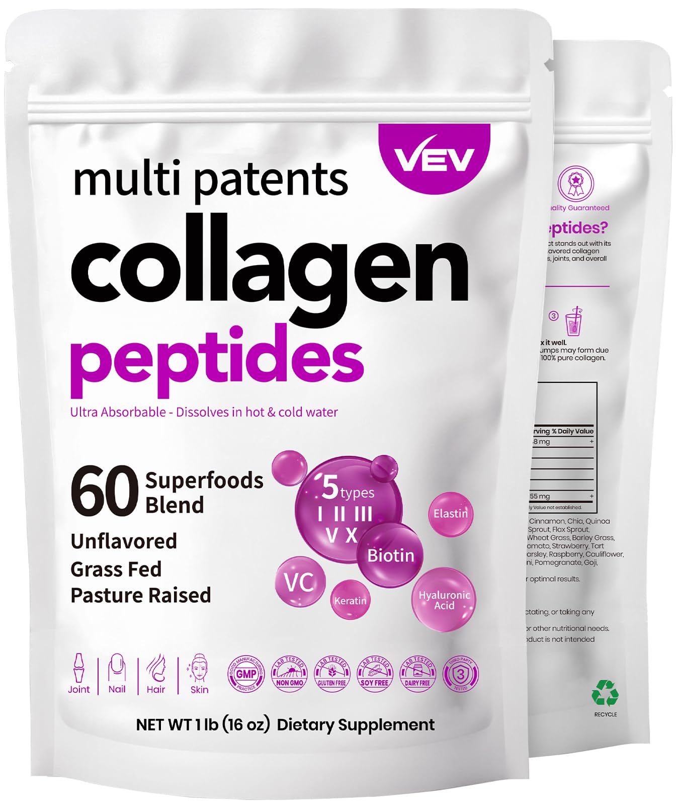 VEV Multi Collagen Peptides Powder, 1 lb – Type I, II, III, V, X, Hydrolyzed Collagen, Hyaluronic Acid Power, Biotin, Vitamin C, Supports Skin, Unflavored, Dissolves Easily