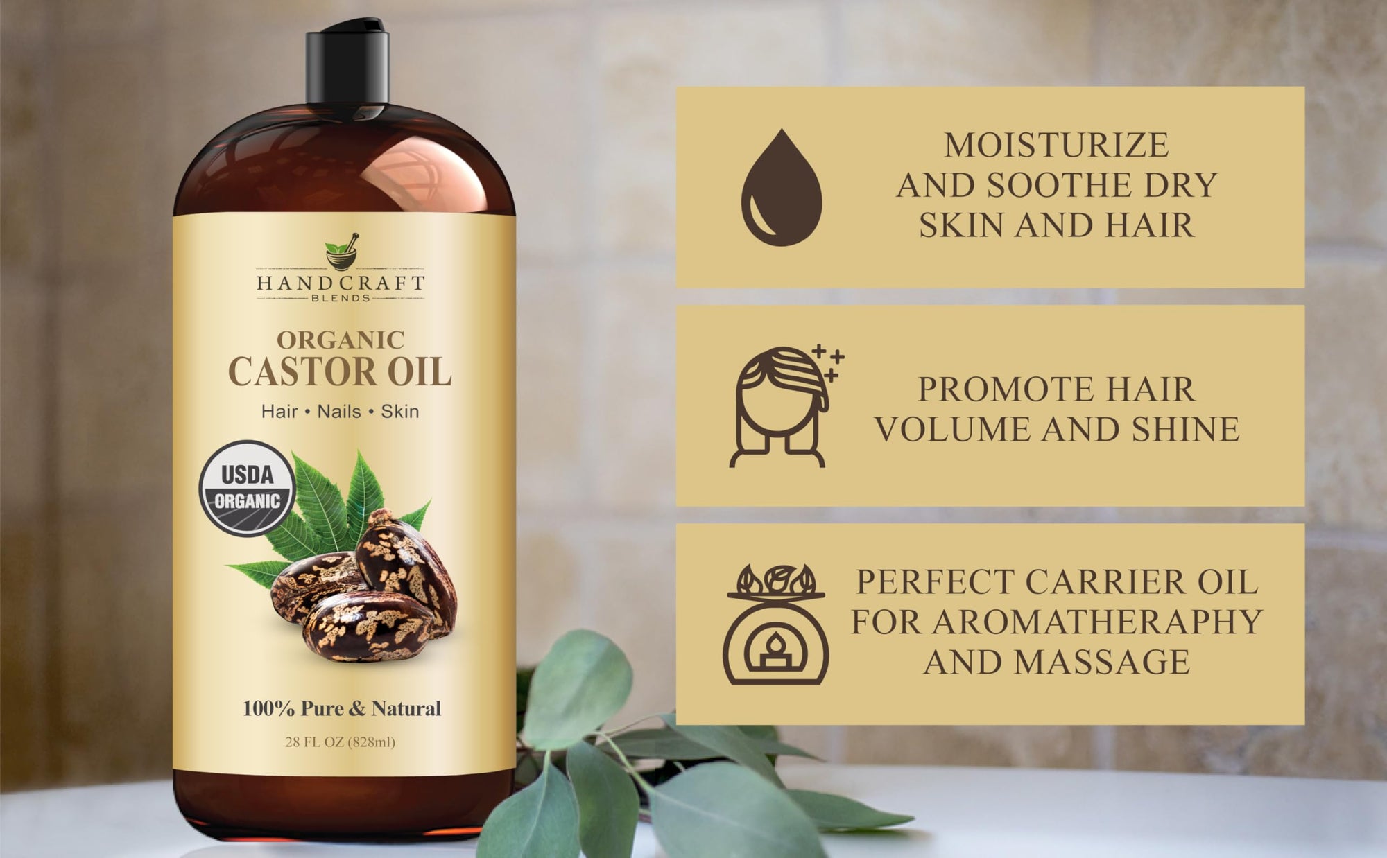 Handcraft Blends Organic Castor Oil - 16 Fl Oz - 100% Pure and Natural - Premium Grade Carrier Oil for Hair Growth, Eyelashes and Eyebrows - Hair and Body - Expeller-Pressed & Hexane-Free