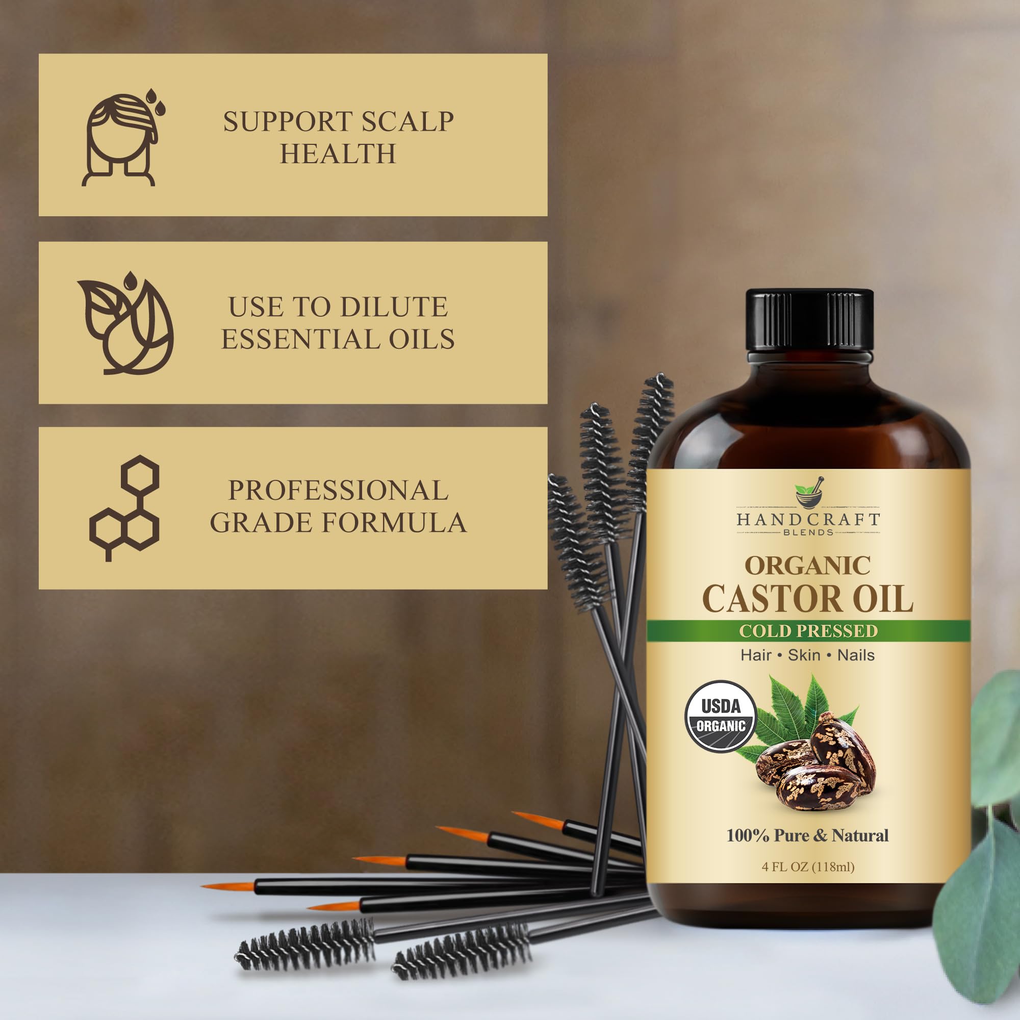 Handcraft Blends Organic Castor Oil - 16 Fl Oz - 100% Pure and Natural - Premium Grade Carrier Oil for Hair Growth, Eyelashes and Eyebrows - Hair and Body - Expeller-Pressed & Hexane-Free