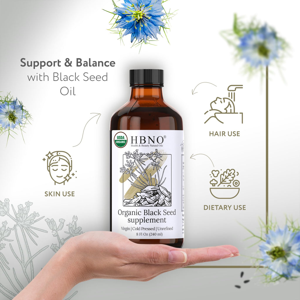 HBNO Organic Black Seed Oil 4 fl oz (120ml) - USDA Certified Organic Black Seed Oil Organic Cold Pressed - Natural Black Cumin Seed Oil Organic