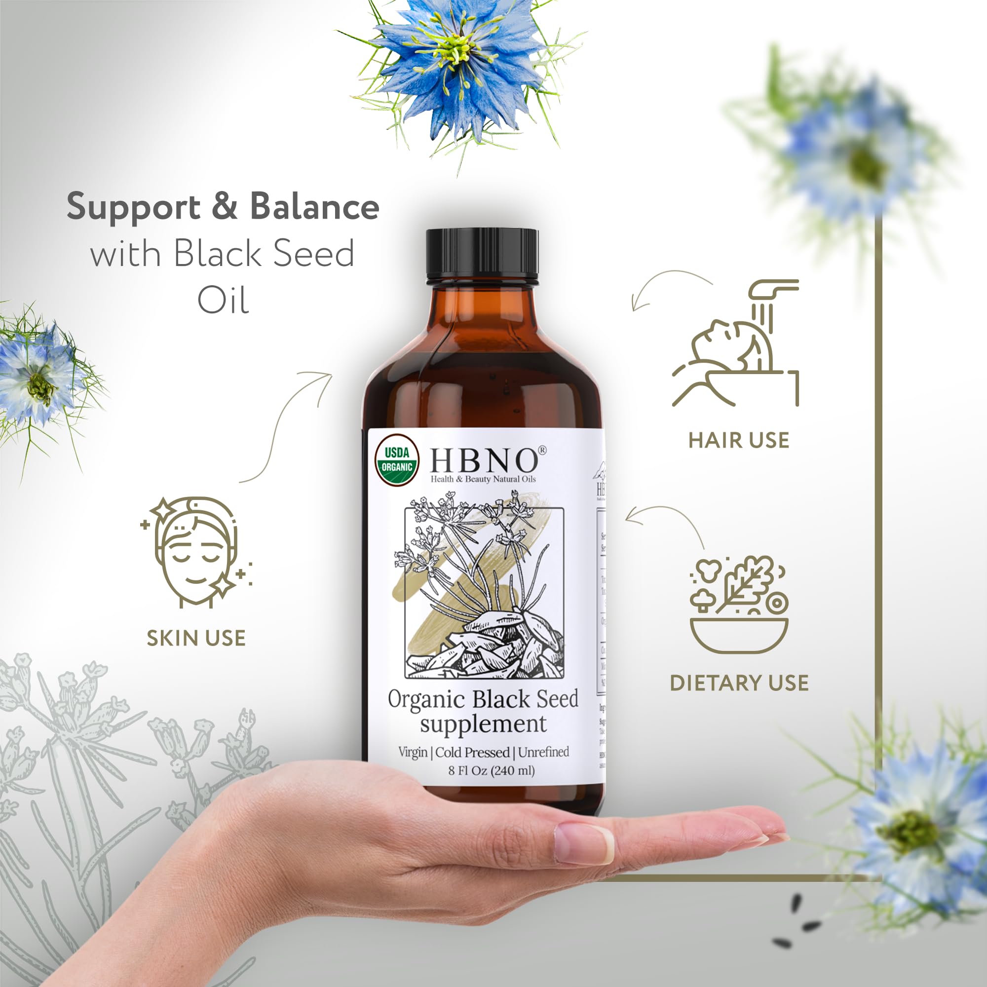 HBNO Organic Black Seed Oil 4 fl oz (120ml) - USDA Certified Organic Black Seed Oil Organic Cold Pressed - Natural Black Cumin Seed Oil Organic
