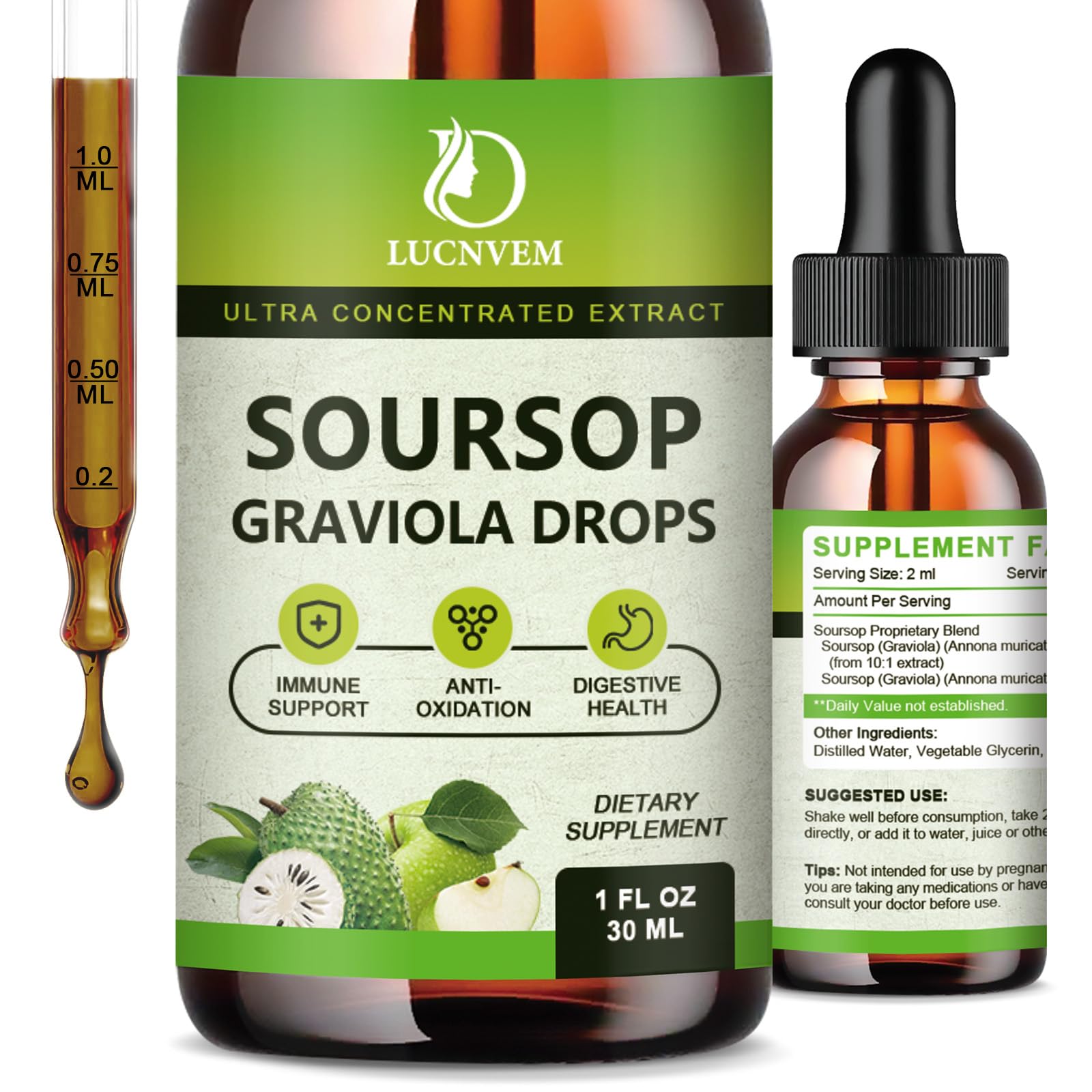Soursop Graviola Liquid Drops 2000mg, Soursop Extract Organic Pure for Natural Antioxidant, Cell Support & Regeneration, Immune Boost, Soursop Bitters Liquid - Soursop Flavor- 1 FL OZ