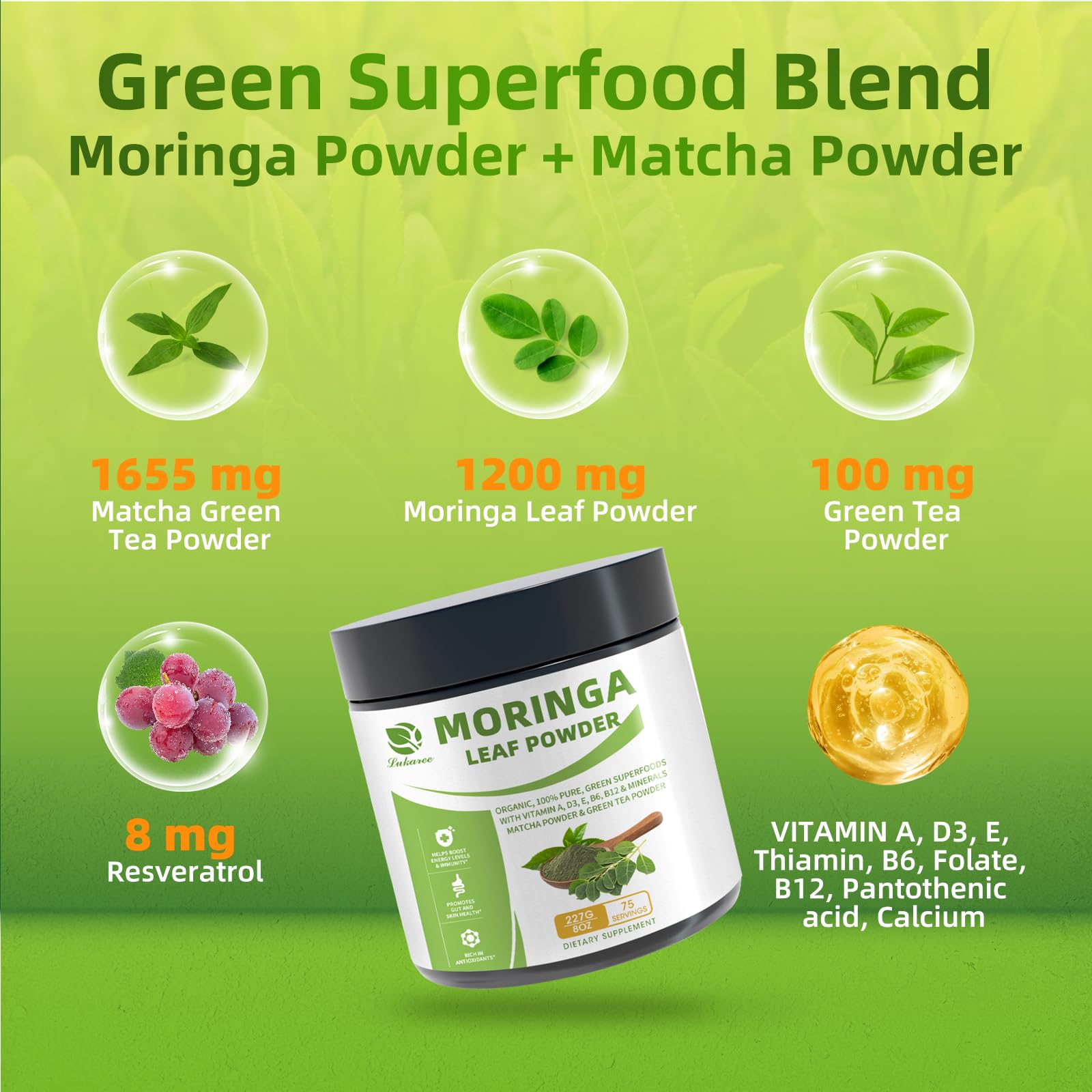 Organic Moringa Powder, Green Superfoods with Matcha Powder Green Tea Powder Resveratrol - Rich in Antioxidants and Vitamin A D3 E B6 B12, Digestive and Immune Support - Non-GMO, Vegan, 8 oz, 1 Pack