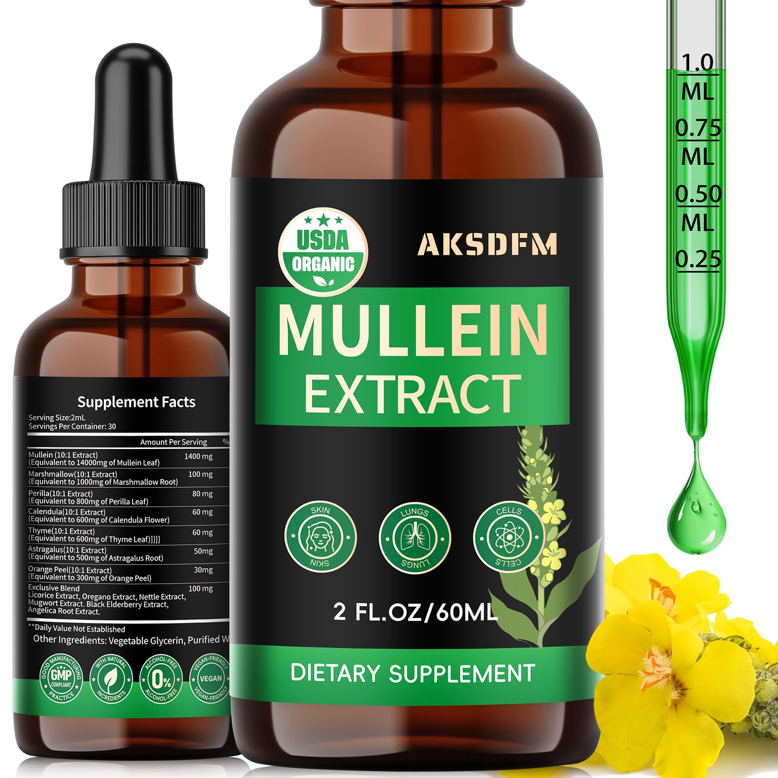 Mullein Drops for Lung Cleanse - Powerful Mullein for Detox Respiratory Support - Natural Supplement Non-GMO, No Additives- Herbal Supplements - 2 Oz