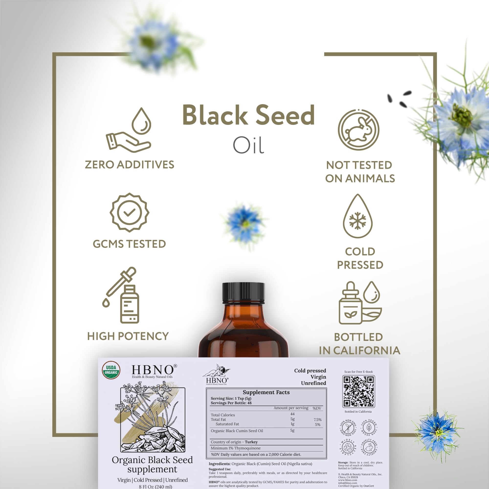 HBNO Organic Black Seed Oil 4 fl oz (120ml) - USDA Certified Organic Black Seed Oil Organic Cold Pressed - Natural Black Cumin Seed Oil Organic