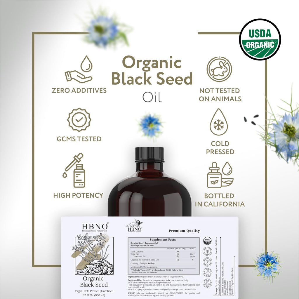 HBNO Organic Black Seed Oil 4 fl oz (120ml) - USDA Certified Organic Black Seed Oil Organic Cold Pressed - Natural Black Cumin Seed Oil Organic