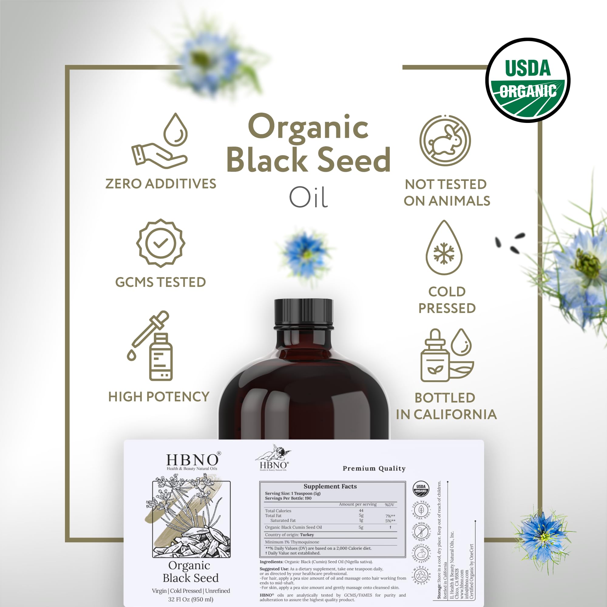 HBNO Organic Black Seed Oil 4 fl oz (120ml) - USDA Certified Organic Black Seed Oil Organic Cold Pressed - Natural Black Cumin Seed Oil Organic