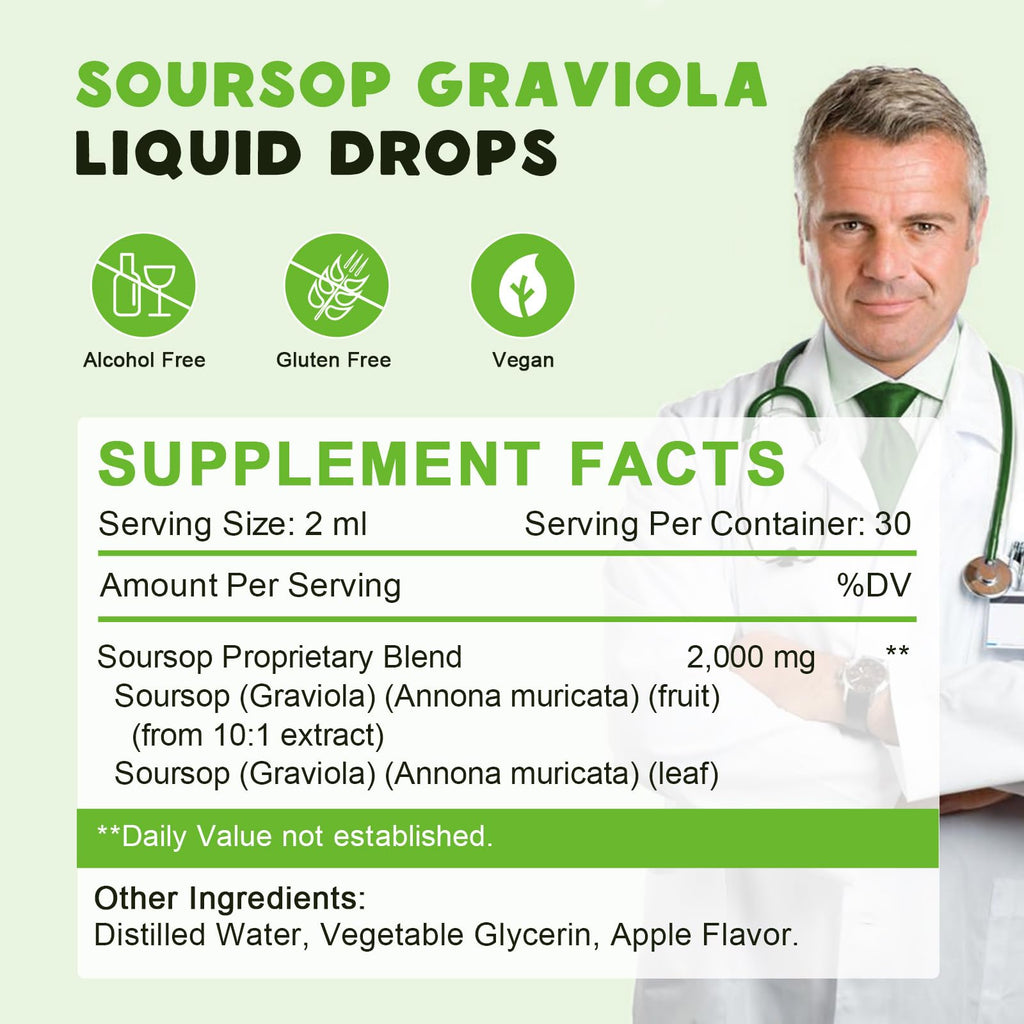Soursop Graviola Liquid Drops 2000mg, Soursop Extract Organic Pure for Natural Antioxidant, Cell Support & Regeneration, Immune Boost, Soursop Bitters Liquid - Soursop Flavor- 1 FL OZ