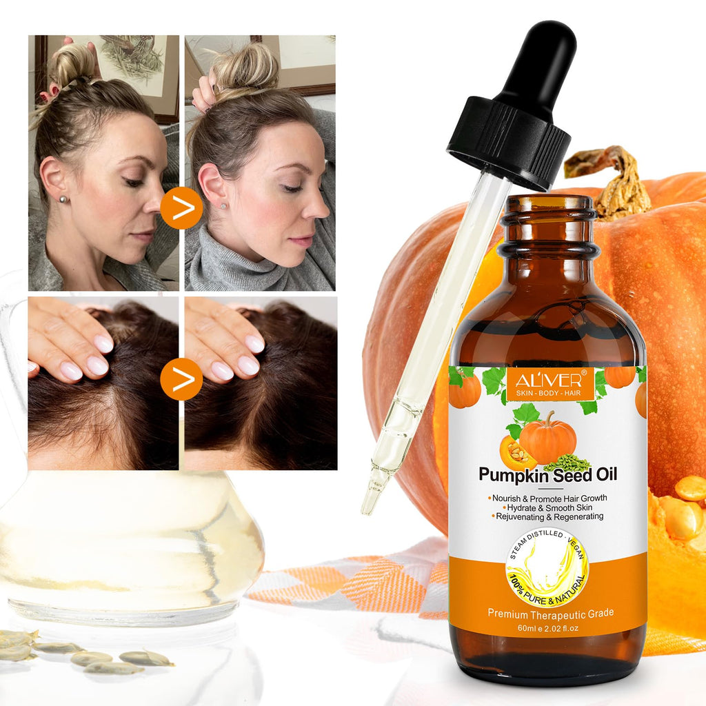 Pumpkin Seed Oil 2Fl Oz, Pure Cold Pressed Pumpkin Seed Oil for Dry Damaged Hair Growth, Moisturizing Scalp, Nourishment for All Hair Types