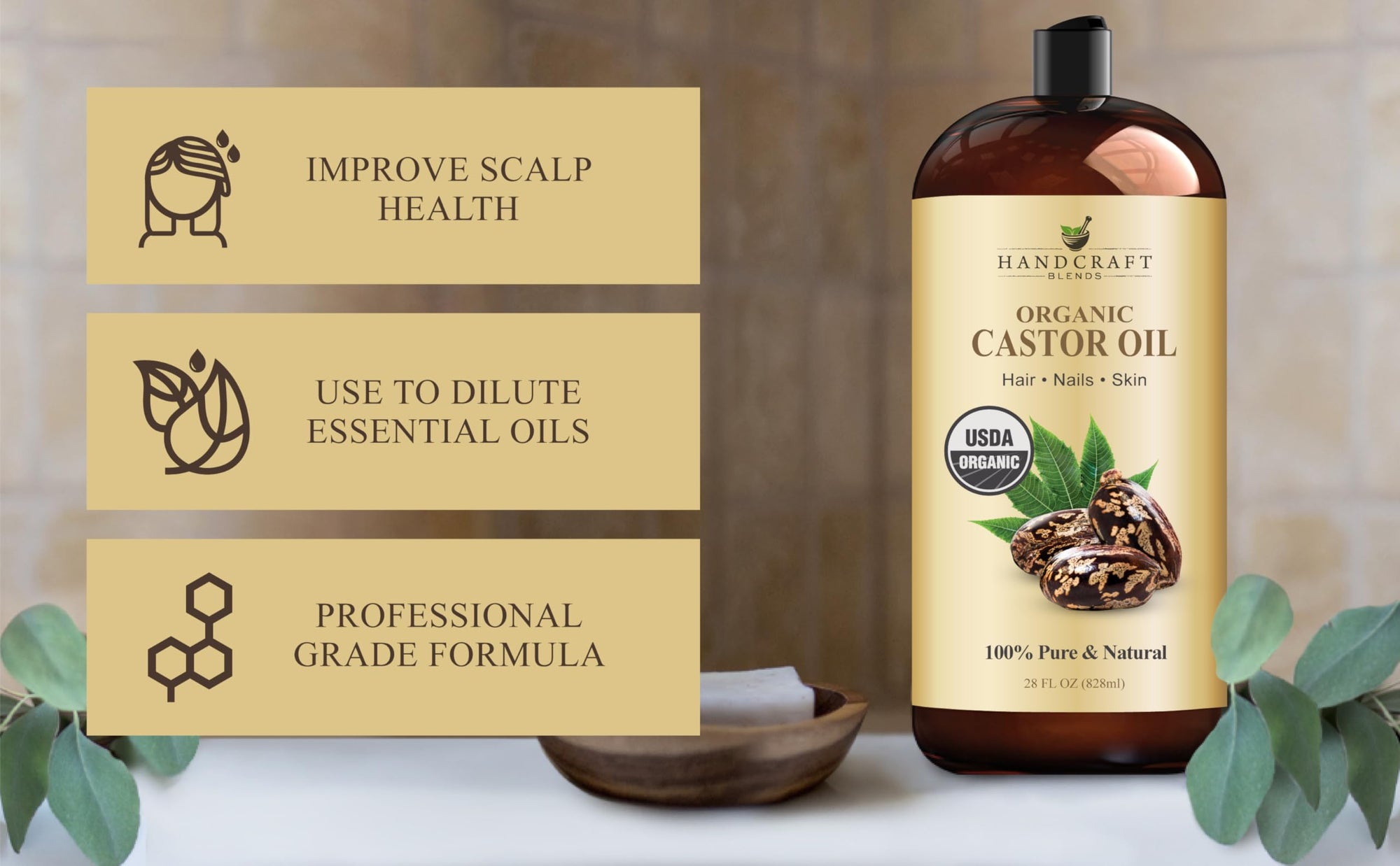 Handcraft Blends Organic Castor Oil - 16 Fl Oz - 100% Pure and Natural - Premium Grade Carrier Oil for Hair Growth, Eyelashes and Eyebrows - Hair and Body - Expeller-Pressed & Hexane-Free