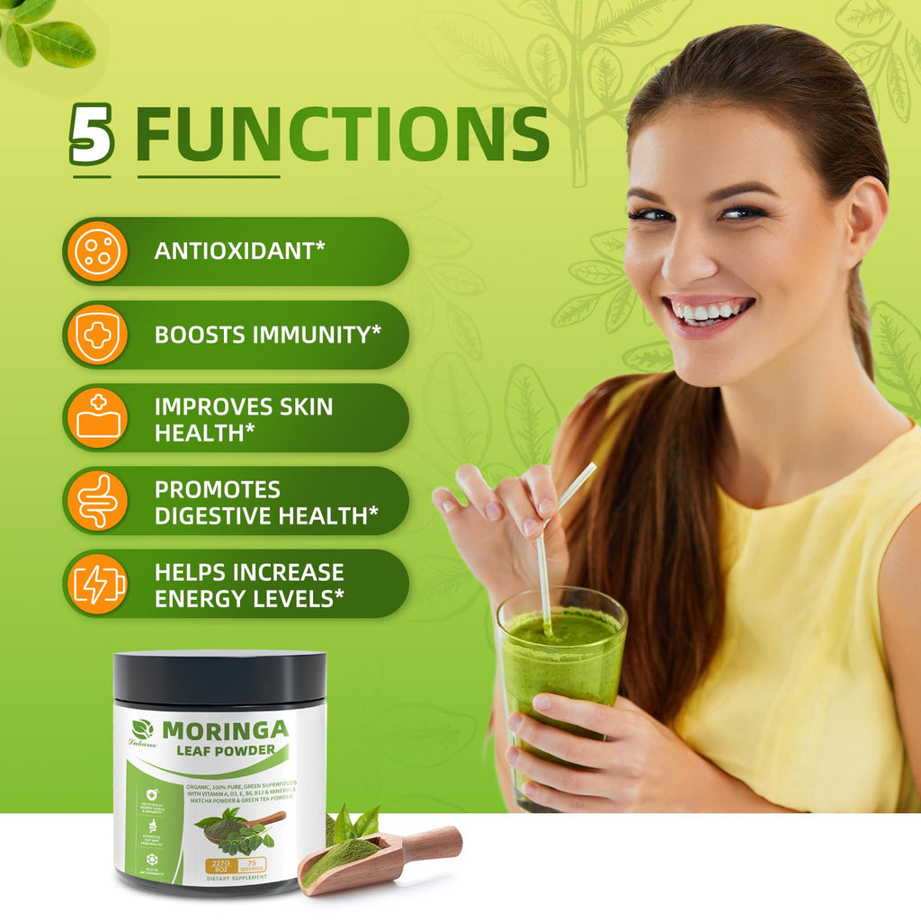 Organic Moringa Powder, Green Superfoods with Matcha Powder Green Tea Powder Resveratrol - Rich in Antioxidants and Vitamin A D3 E B6 B12, Digestive and Immune Support - Non-GMO, Vegan, 8 oz, 1 Pack
