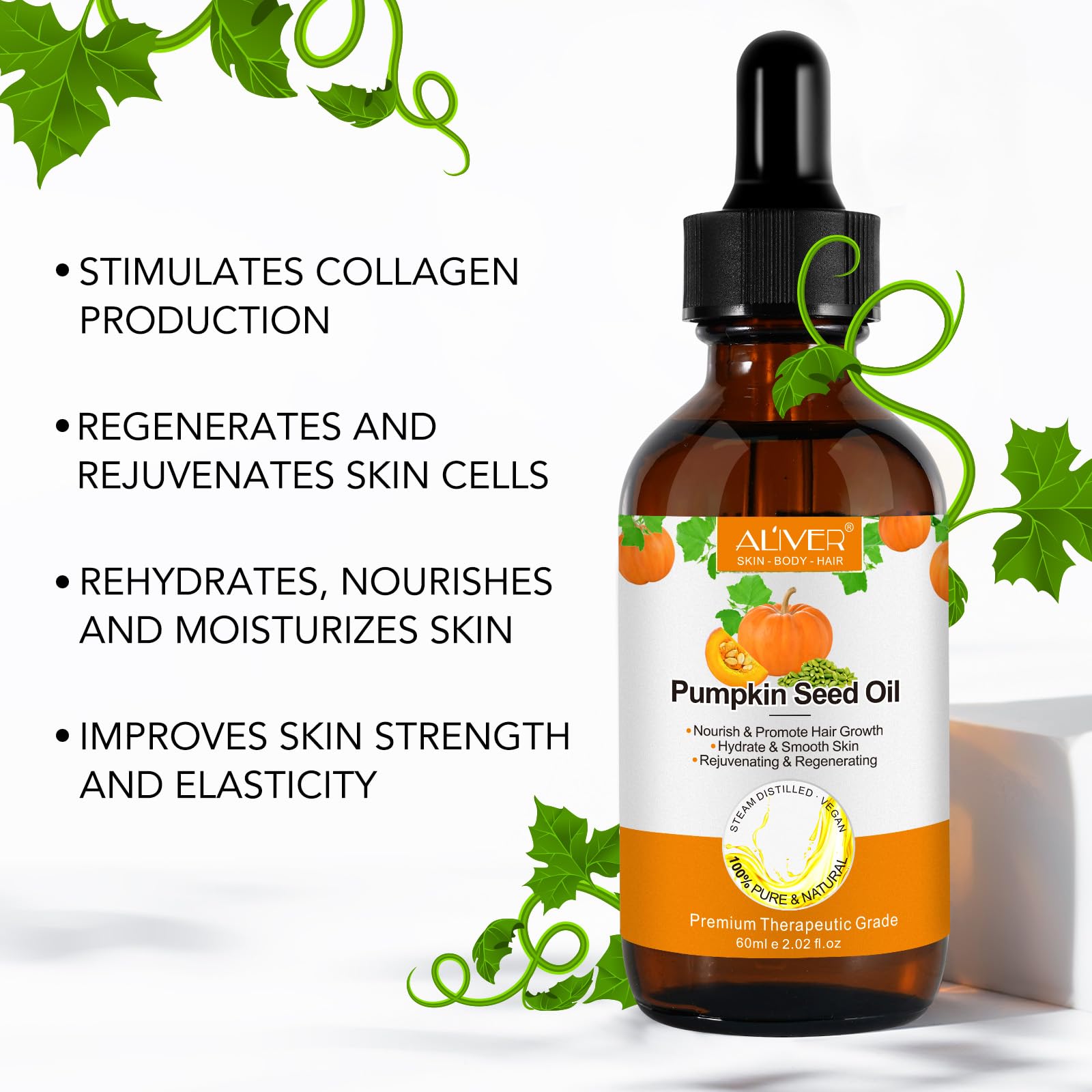 Pumpkin Seed Oil 2Fl Oz, Pure Cold Pressed Pumpkin Seed Oil for Dry Damaged Hair Growth, Moisturizing Scalp, Nourishment for All Hair Types