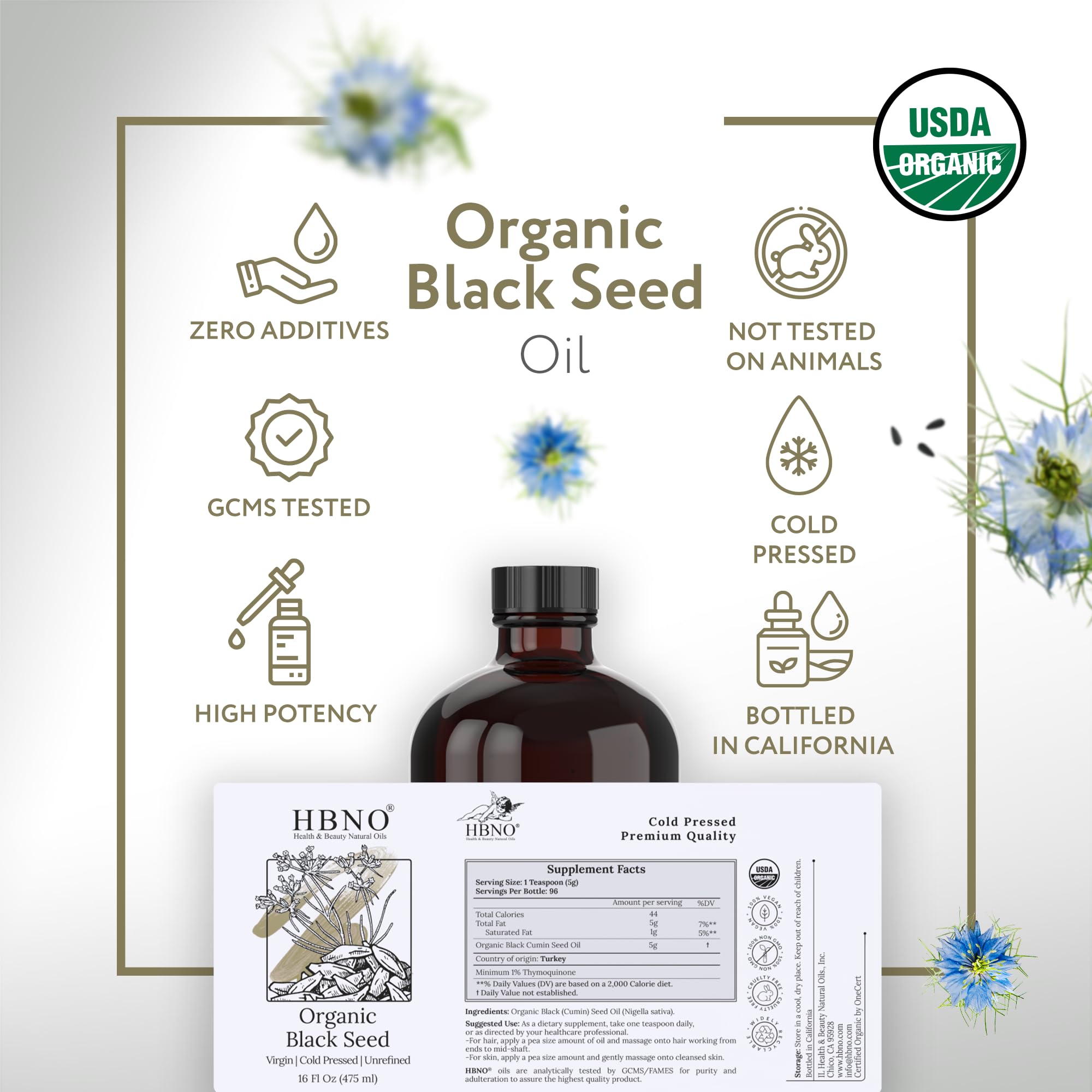 HBNO Organic Black Seed Oil 4 fl oz (120ml) - USDA Certified Organic Black Seed Oil Organic Cold Pressed - Natural Black Cumin Seed Oil Organic
