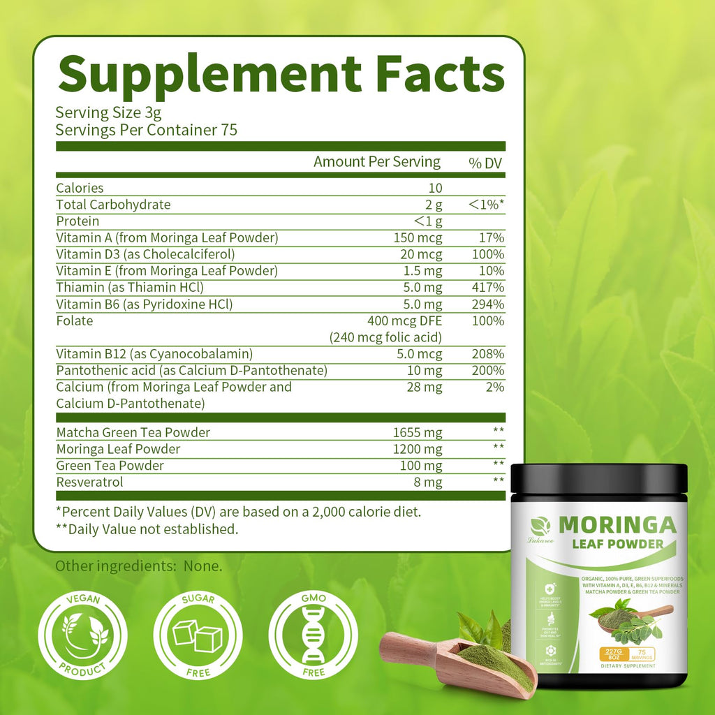 Organic Moringa Powder, Green Superfoods with Matcha Powder Green Tea Powder Resveratrol - Rich in Antioxidants and Vitamin A D3 E B6 B12, Digestive and Immune Support - Non-GMO, Vegan, 8 oz, 1 Pack