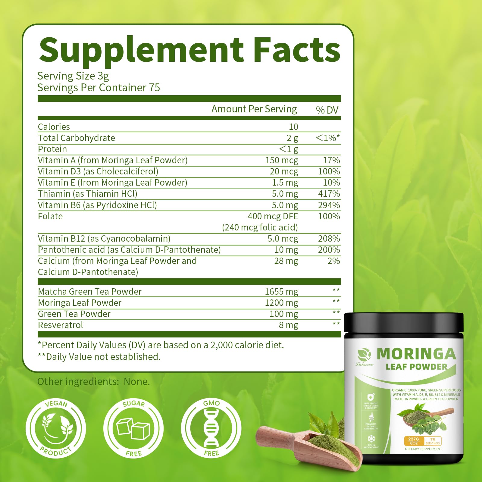 Organic Moringa Powder, Green Superfoods with Matcha Powder Green Tea Powder Resveratrol - Rich in Antioxidants and Vitamin A D3 E B6 B12, Digestive and Immune Support - Non-GMO, Vegan, 8 oz, 1 Pack