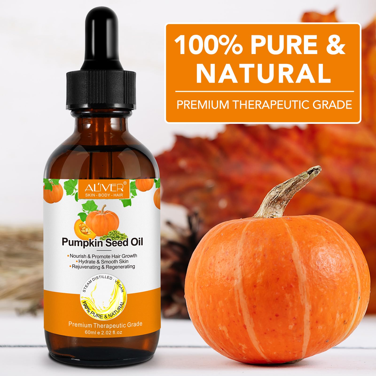 Pumpkin Seed Oil 2Fl Oz, Pure Cold Pressed Pumpkin Seed Oil for Dry Damaged Hair Growth, Moisturizing Scalp, Nourishment for All Hair Types