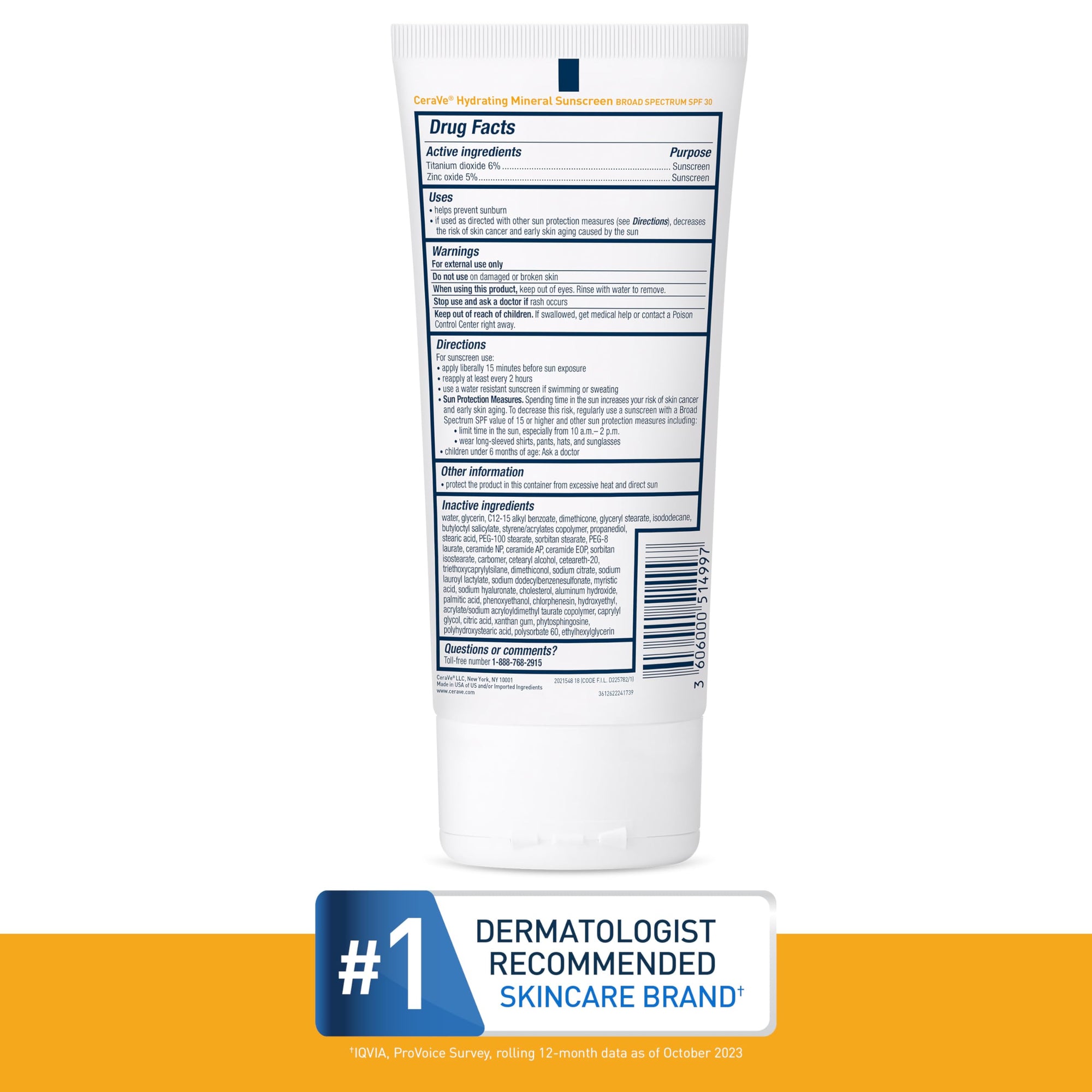 CeraVe 100% Mineral Sunscreen SPF 50 with Zinc Oxide & Titanium Dioxide, Hyaluronic Acid & Ceramides, Oil Free & Non-Greasy, Hydrating Mineral Sunscreen For Body, 5 oz