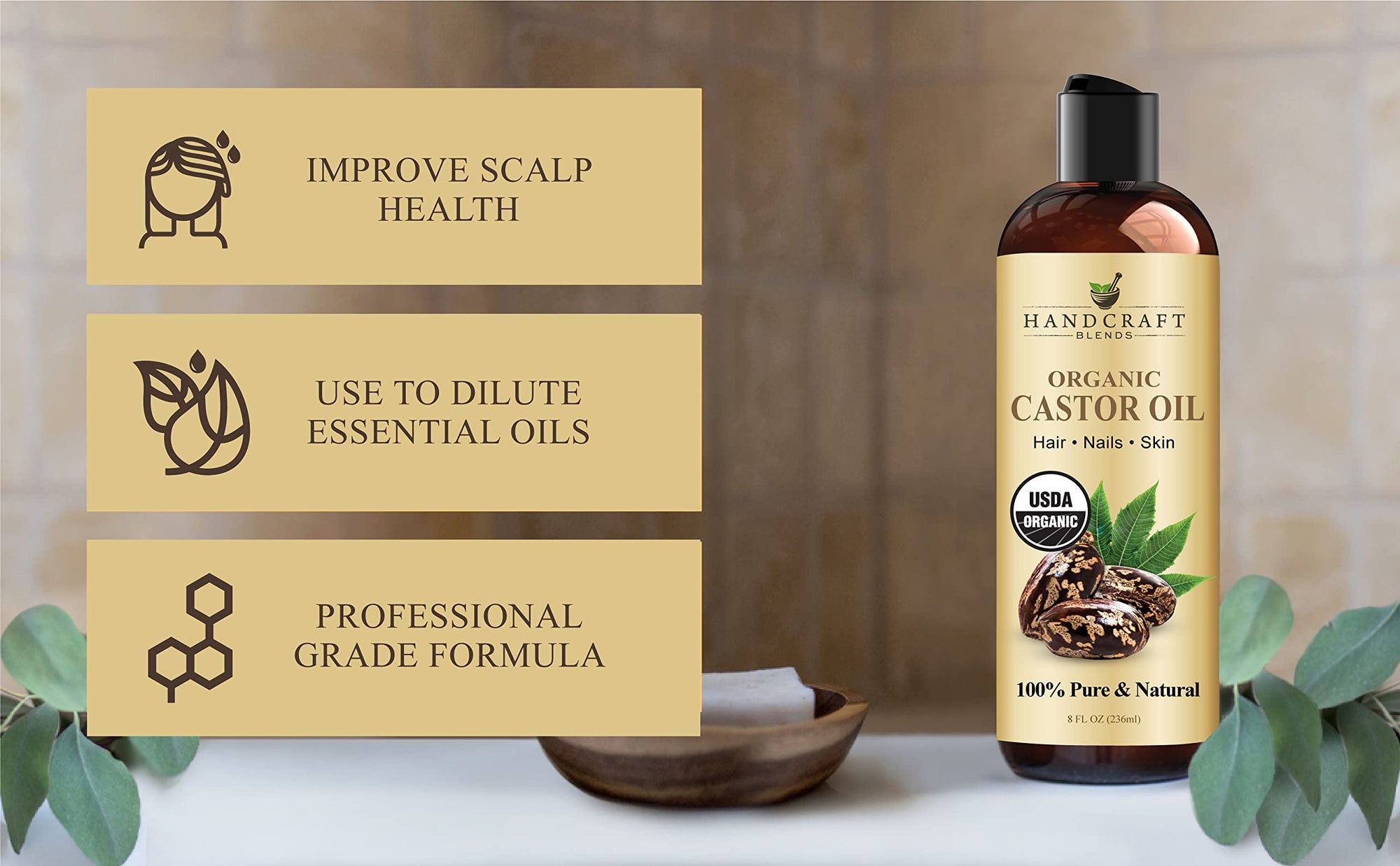 Handcraft Blends Organic Castor Oil - 16 Fl Oz - 100% Pure and Natural - Premium Grade Carrier Oil for Hair Growth, Eyelashes and Eyebrows - Hair and Body - Expeller-Pressed & Hexane-Free