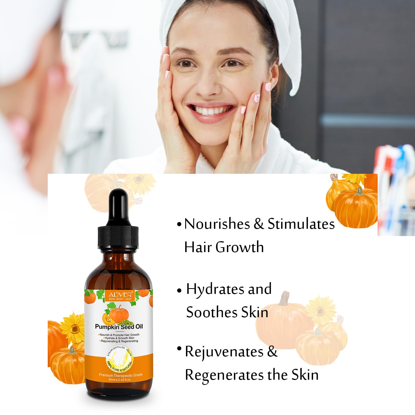 Pumpkin Seed Oil 2Fl Oz, Pure Cold Pressed Pumpkin Seed Oil for Dry Damaged Hair Growth, Moisturizing Scalp, Nourishment for All Hair Types