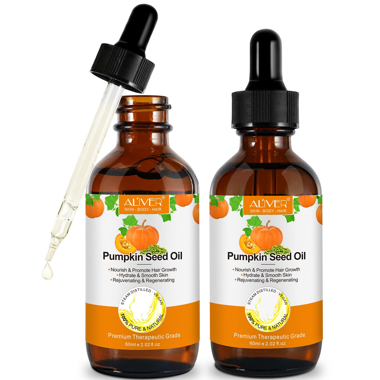 Pumpkin Seed Oil 2Fl Oz, Pure Cold Pressed Pumpkin Seed Oil for Dry Damaged Hair Growth, Moisturizing Scalp, Nourishment for All Hair Types