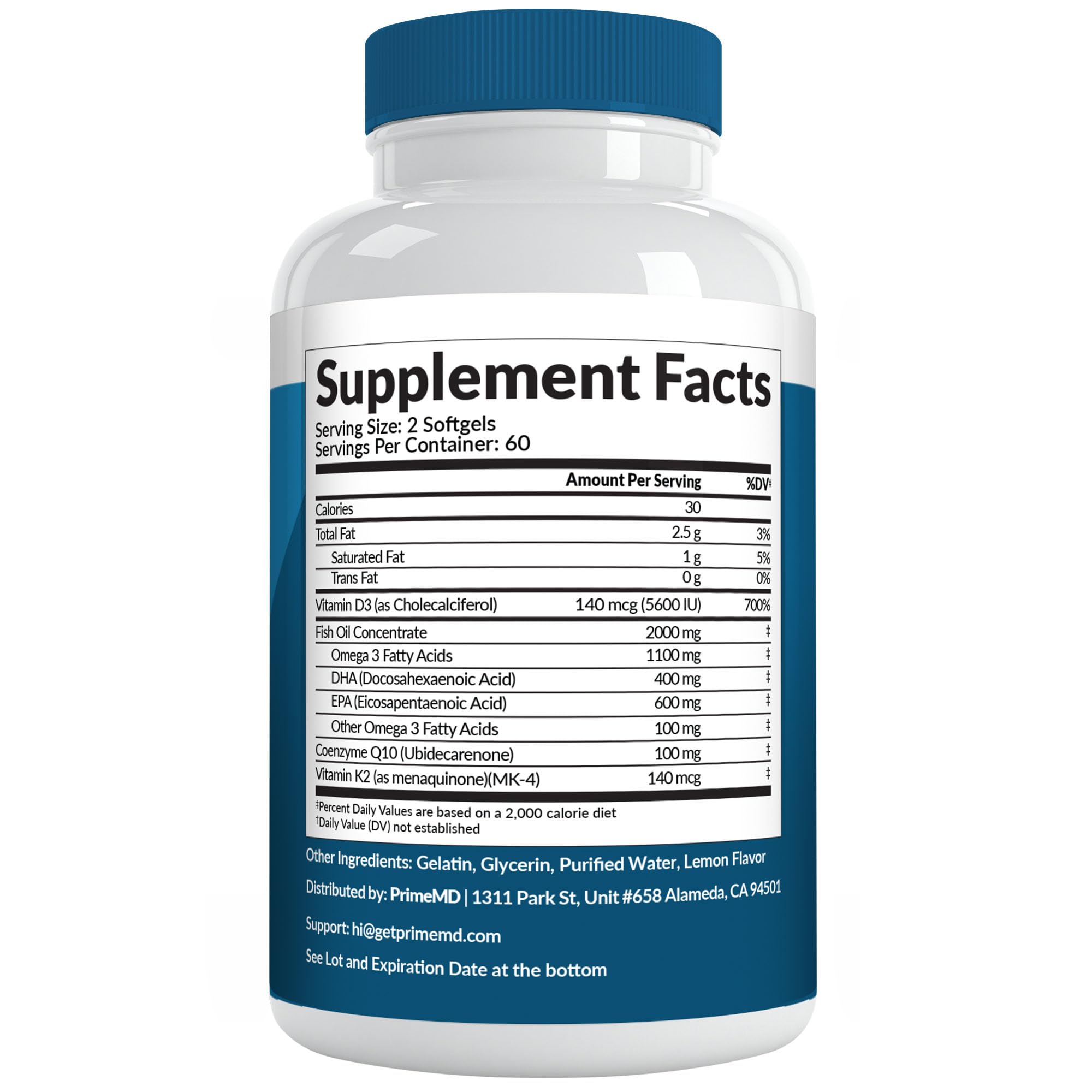 5-in-1 Fish Oil Omega 3 Fatty Supplements (2100mg) - Omega 3 Fish Oil with Vitamins D3 K2 and CoQ10 - Lemon Flavored (120 softgels)