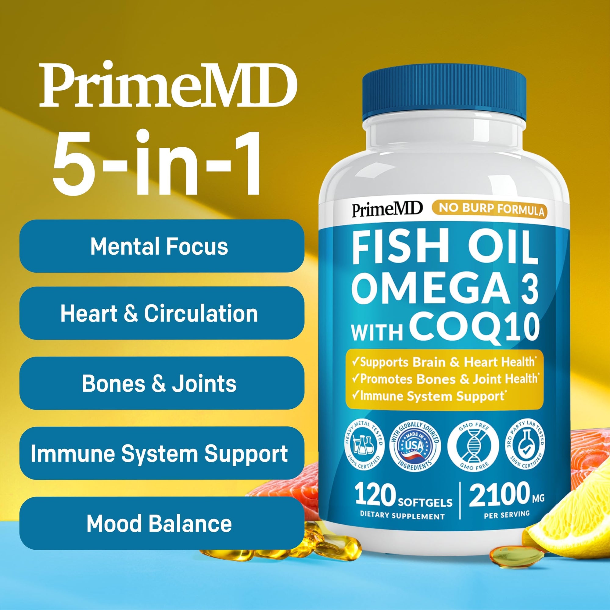 5-in-1 Fish Oil Omega 3 Fatty Supplements (2100mg) - Omega 3 Fish Oil with Vitamins D3 K2 and CoQ10 - Lemon Flavored (120 softgels)