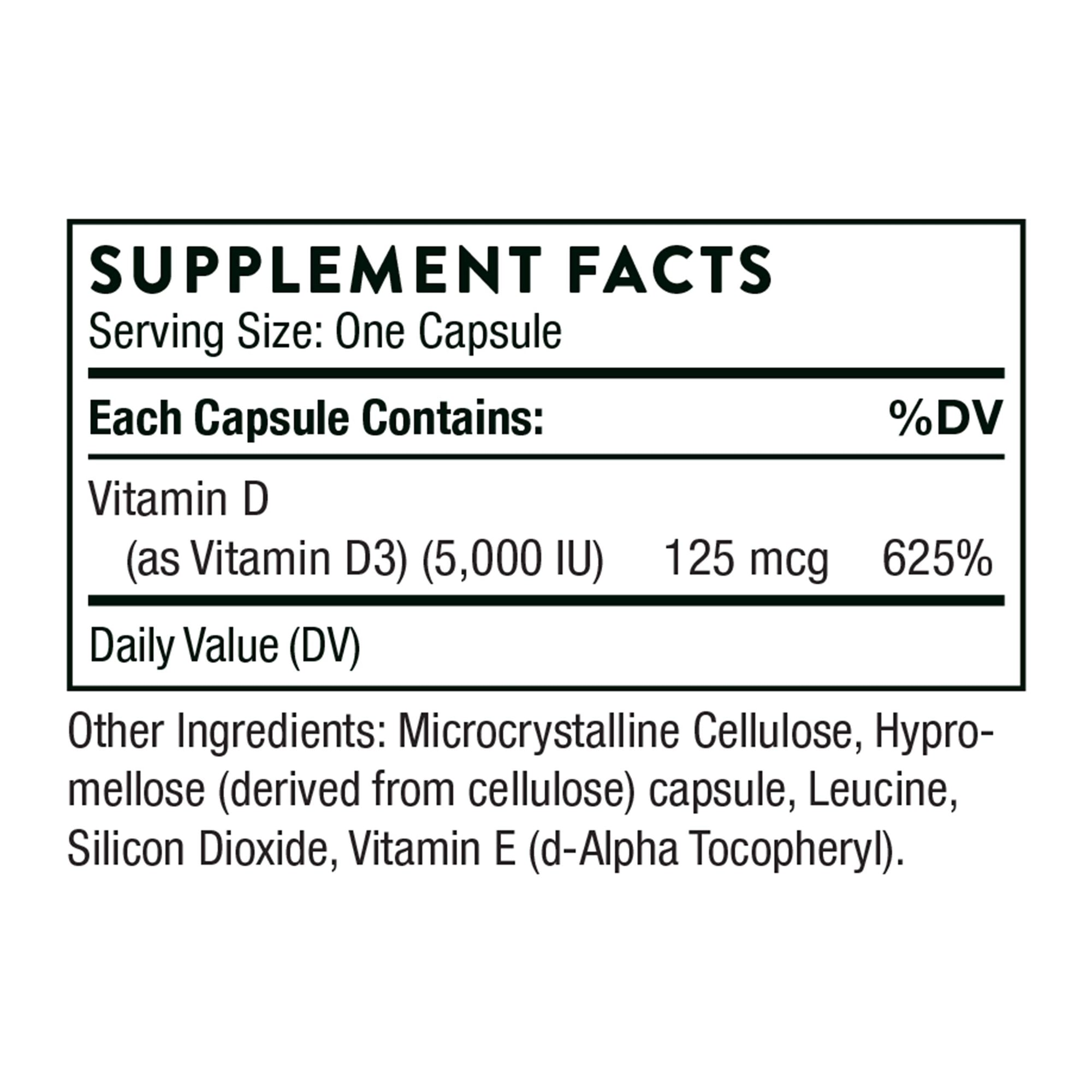 THORNE Vitamin D-5000 - Vitamin D3 Supplement - Support Healthy Bones, Teeth, Muscles, Cardiovascular, and Immune Function* - NSF Certified for Sport - Dairy-Free, Soy-Free - 60 Capsules