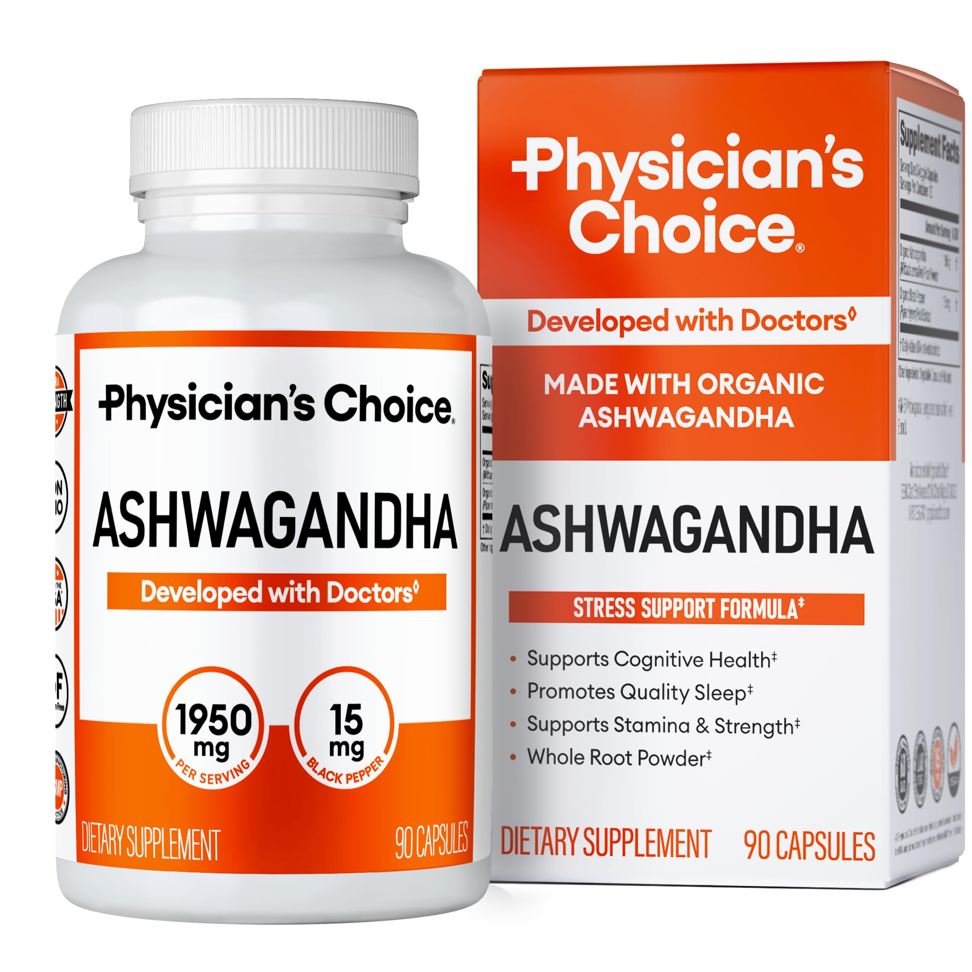 Physician's CHOICE Ashwagandha Supplement - 1950mg of Bioavailable Organic Ashwagandha Root Powder - Black Pepper Extract, Stress Support, Mood Support Supplement, 90 Veggie Ashwagandha Capsules