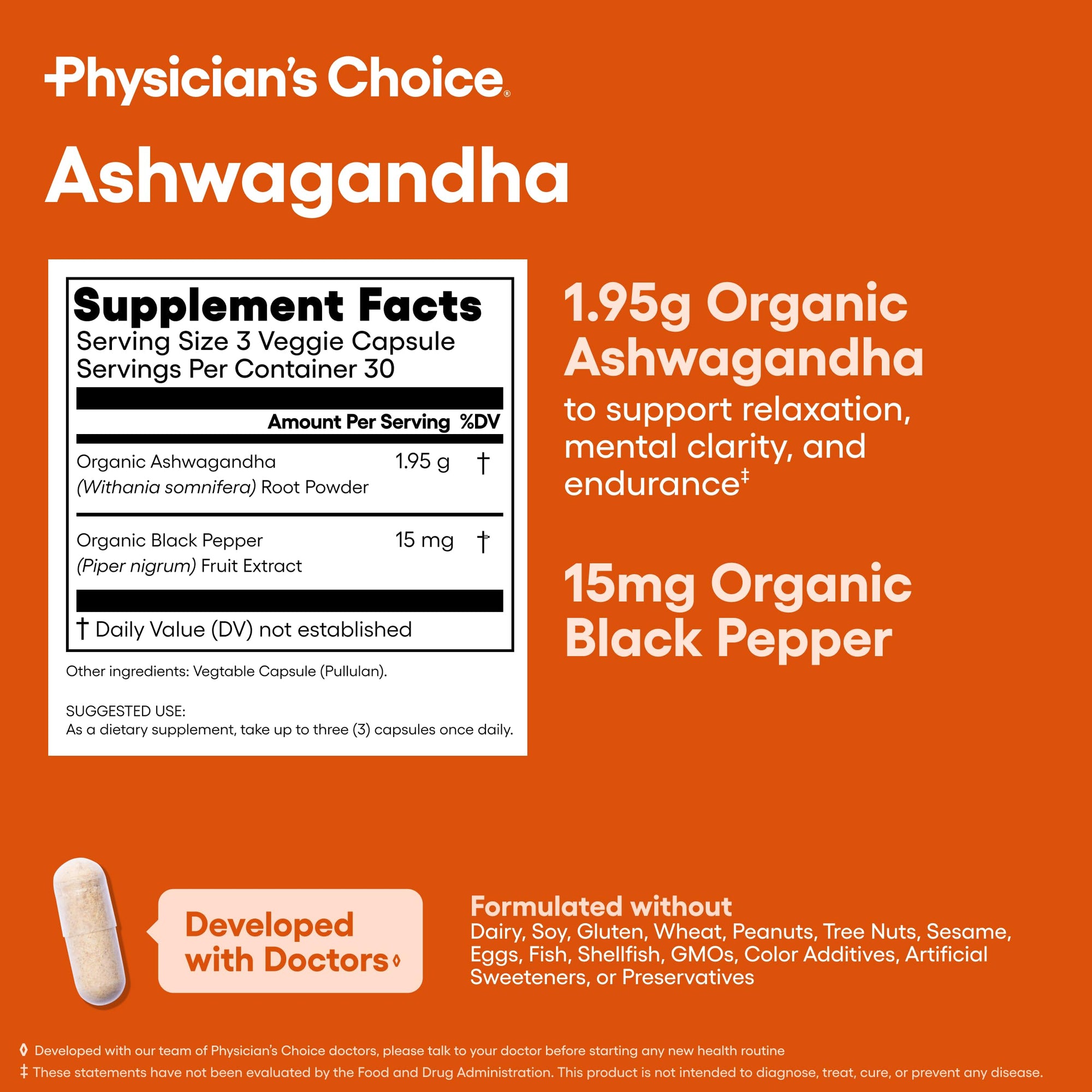 Physician's CHOICE Ashwagandha Supplement - 1950mg of Bioavailable Organic Ashwagandha Root Powder - Black Pepper Extract, Stress Support, Mood Support Supplement, 90 Veggie Ashwagandha Capsules