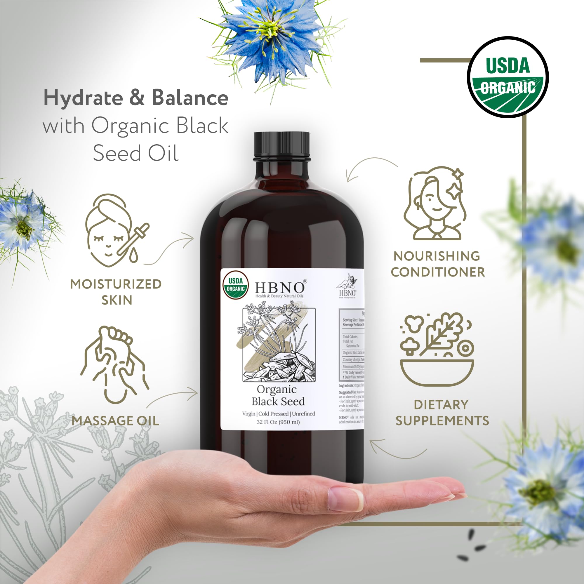 HBNO Organic Black Seed Oil 4 fl oz (120ml) - USDA Certified Organic Black Seed Oil Organic Cold Pressed - Natural Black Cumin Seed Oil Organic