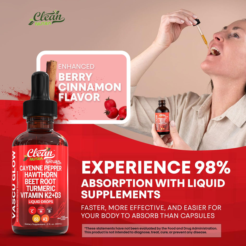 Clean Nutra Cayenne Pepper Drops Supplement Liquid + Hawthorn Berry, Vitamin D3 K2 Beet Root Powder, Ceylon Cinnamon, Turmeric Curcumin, Organic Panax Ginseng, Berberine Extract 1 Pack